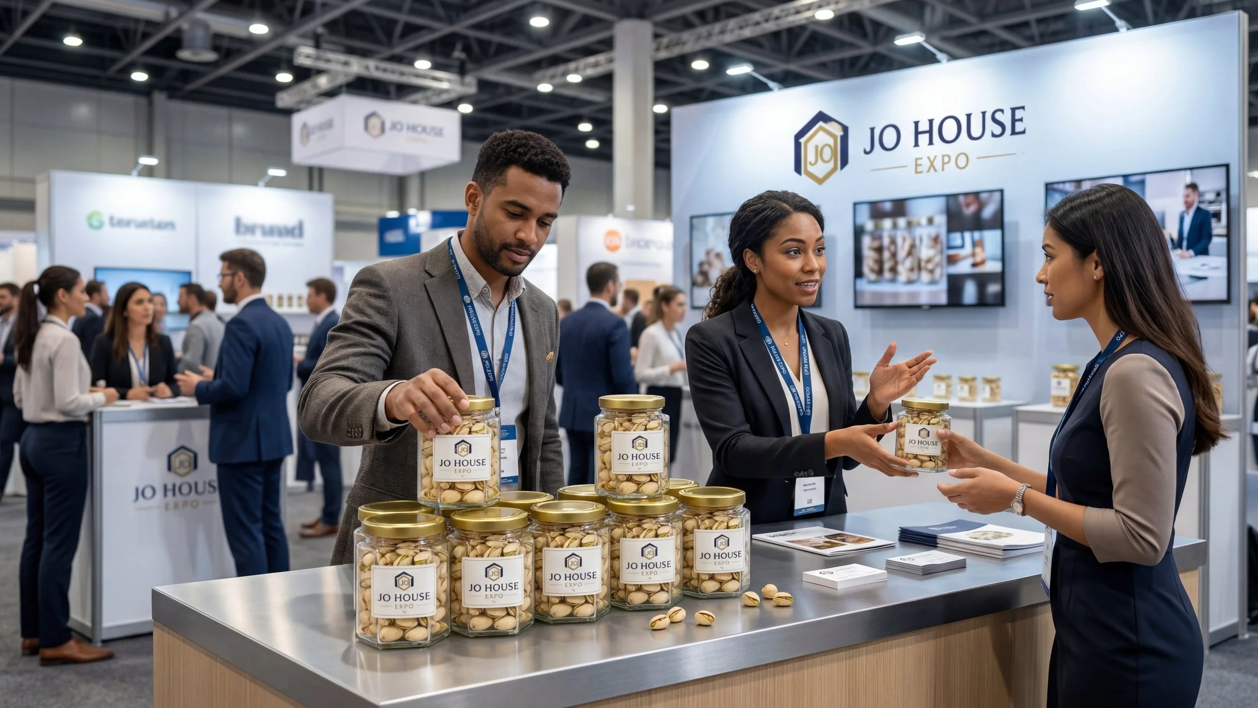 At a trade show booth for Jo House Expo, two women in business attire are exchanging a jar of pistachios, with several jars displayed on the table. Other attendees can be seen in the background networking and exploring other booths.