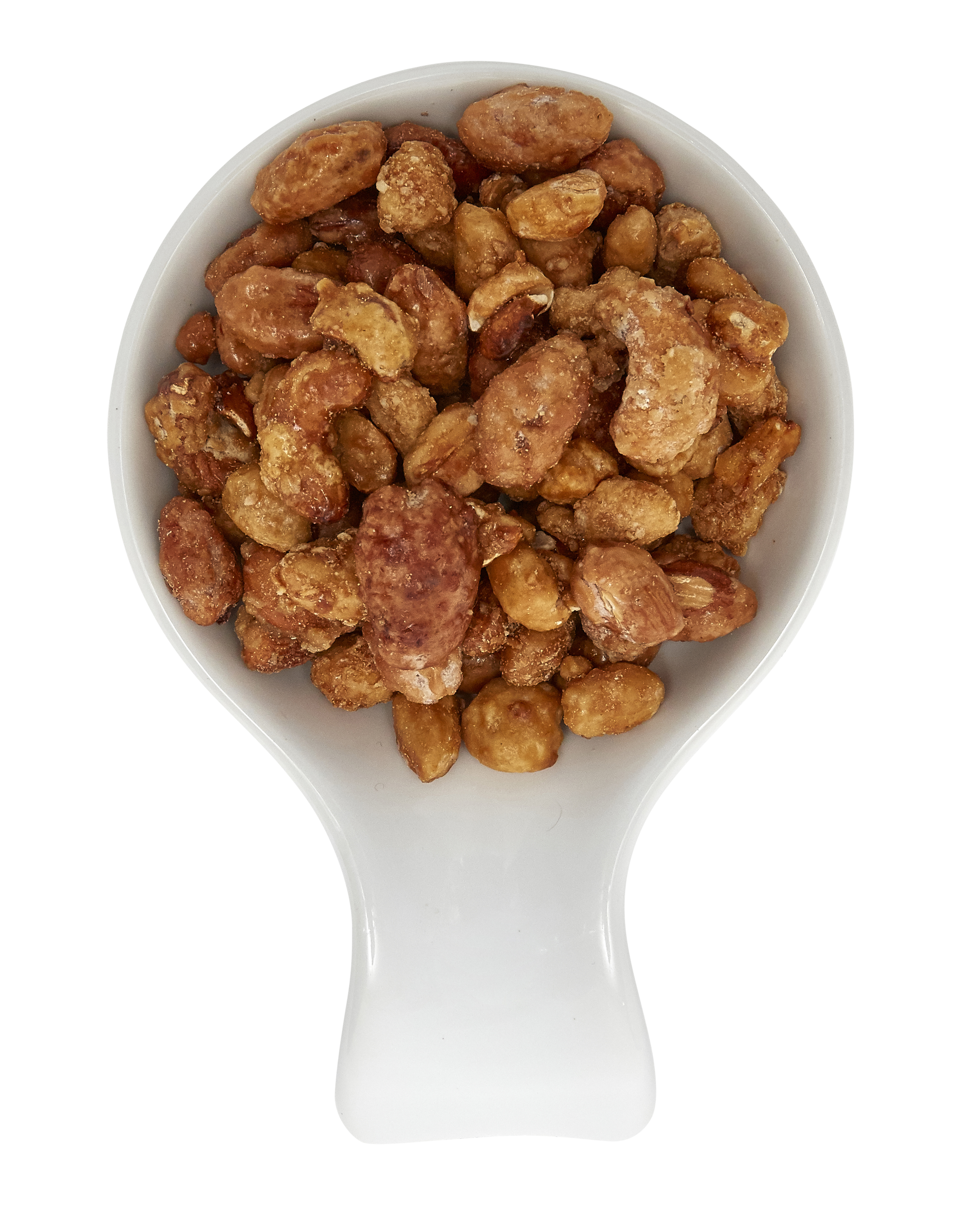 Sugar roasted nuts in a white bowl.