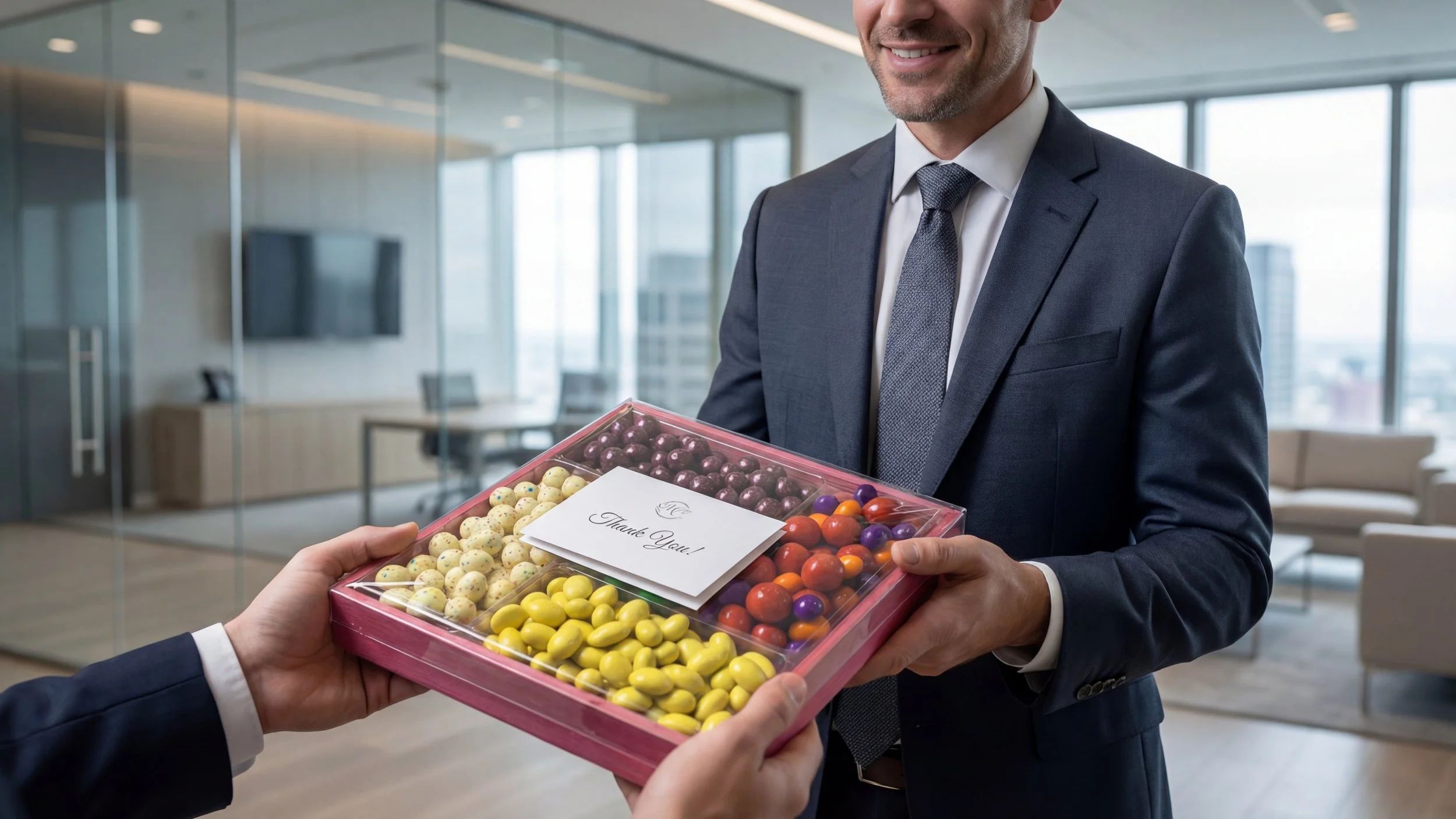 A man in a suit smiling as he receives a box of assorted chocolates with a 'Thank You!' note on top from another person in a business office setting.