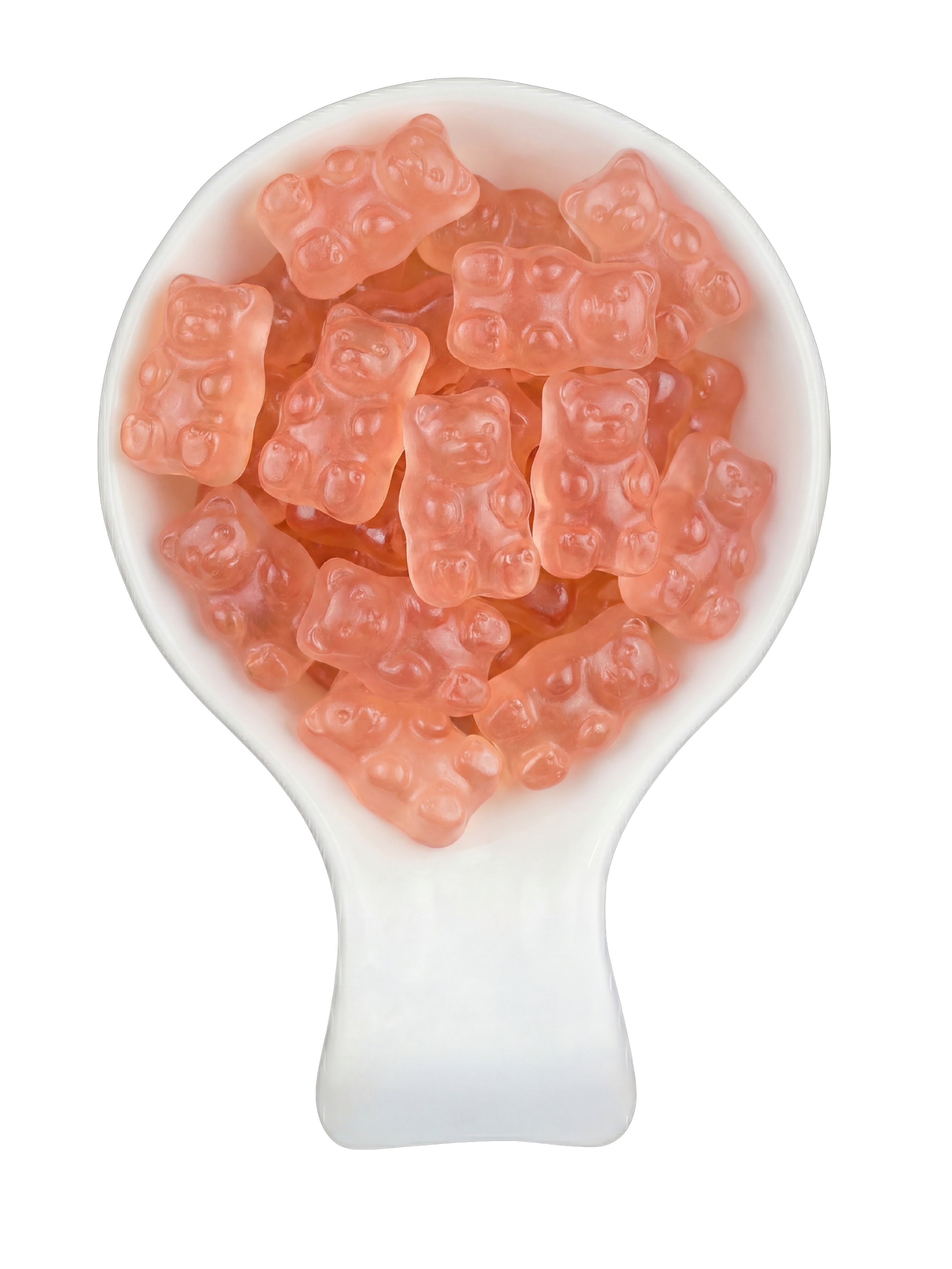 Close-up of gummy bear candies in a white spoon on a black background.