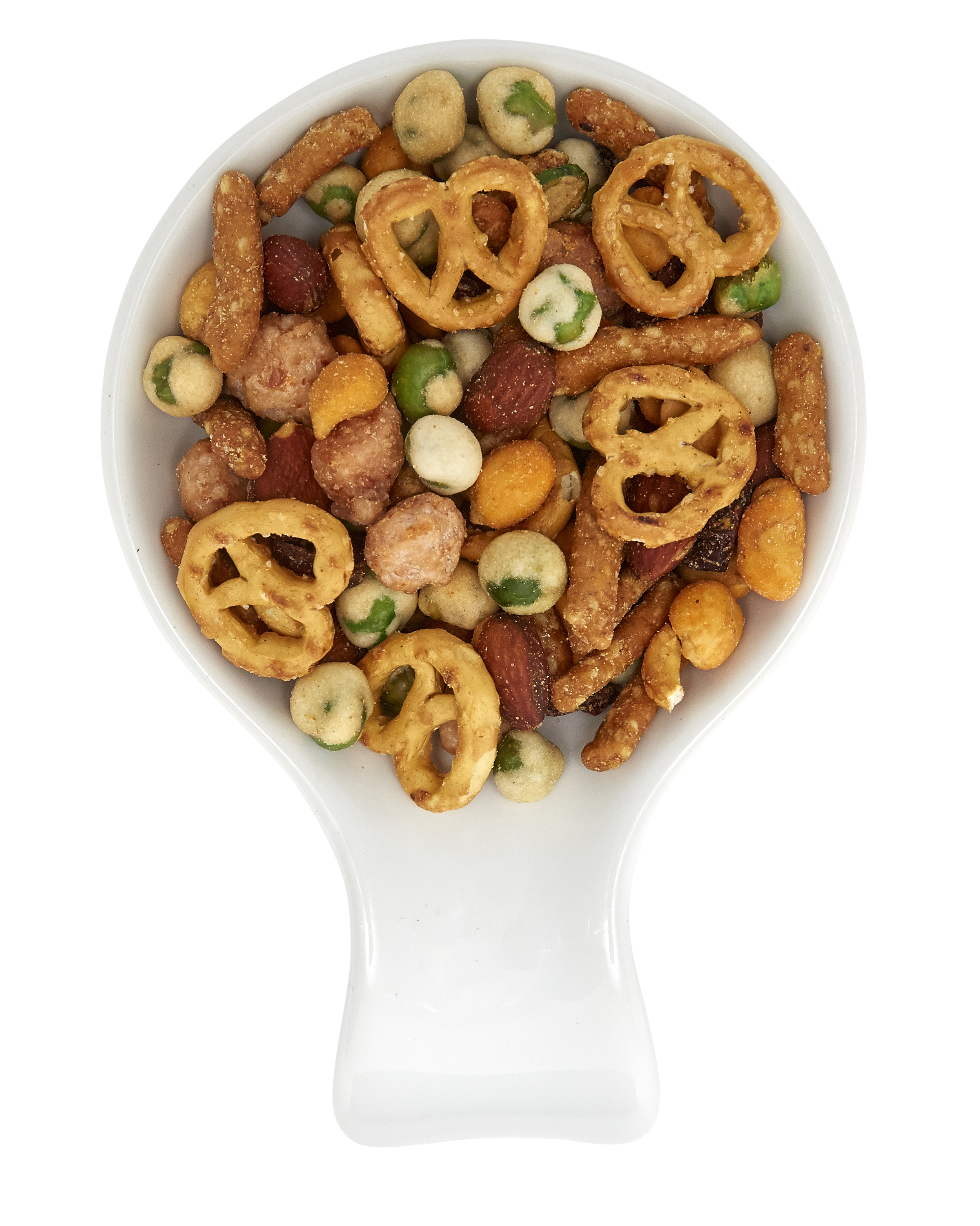 Spicy trail mix in a white bowl.