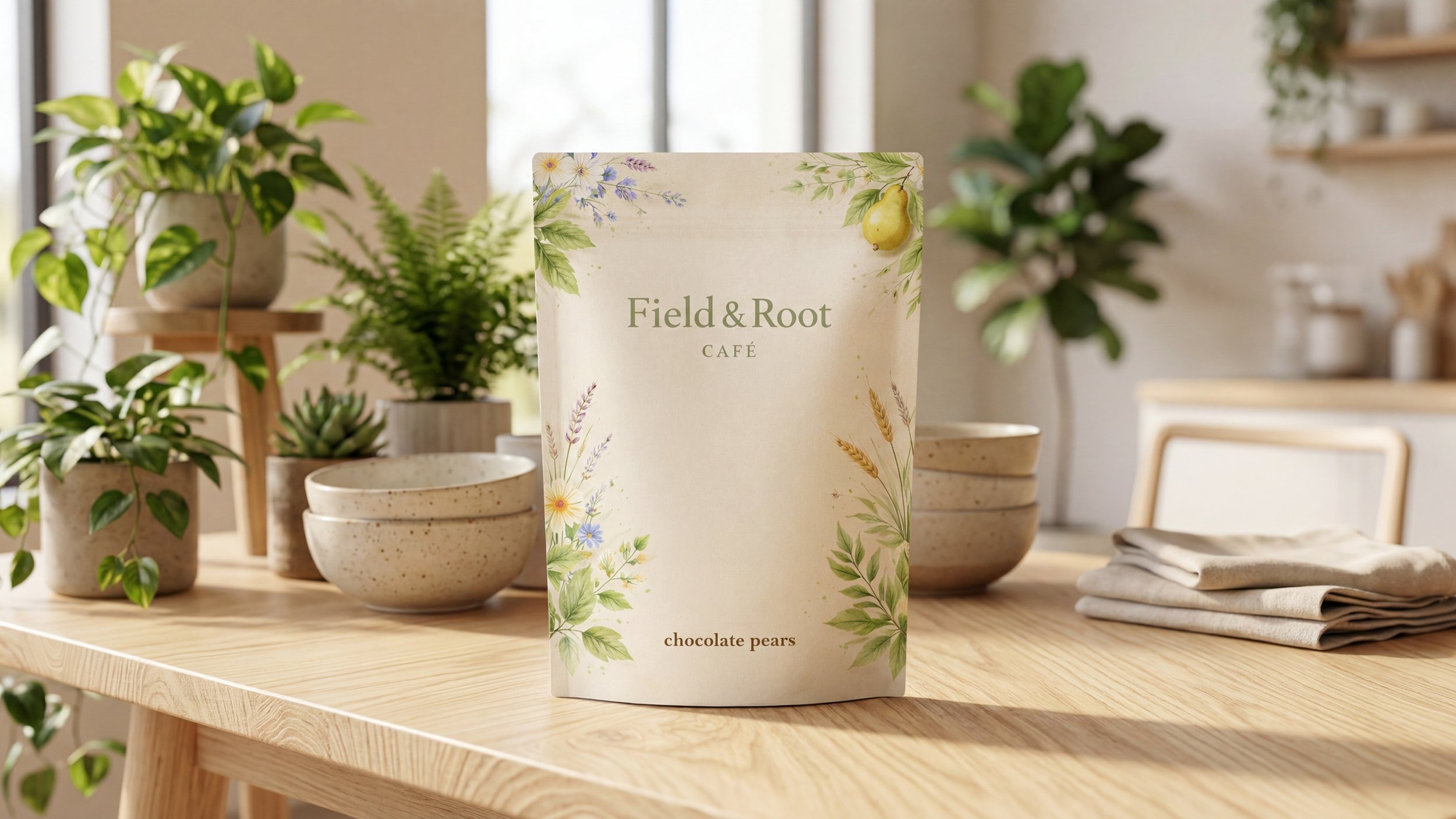 Package of Field & Root with earthy design and text for chocolate pears, placed on a stone table set with plants in a rustic cafe with warm color wall background.