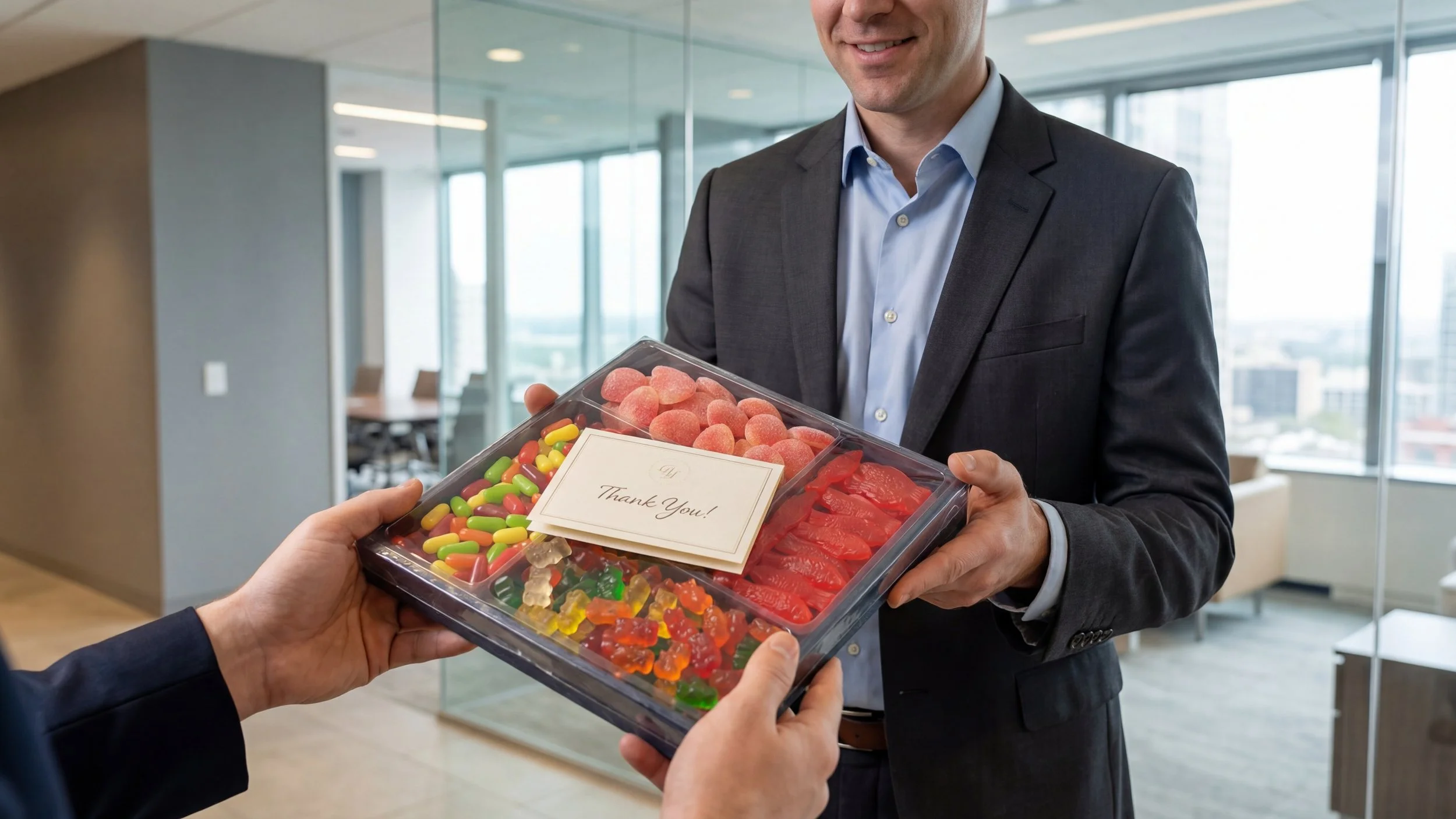 Man in a suit smiling and receiving a clear plastic container of assorted candies with a thank you note in an office setting.