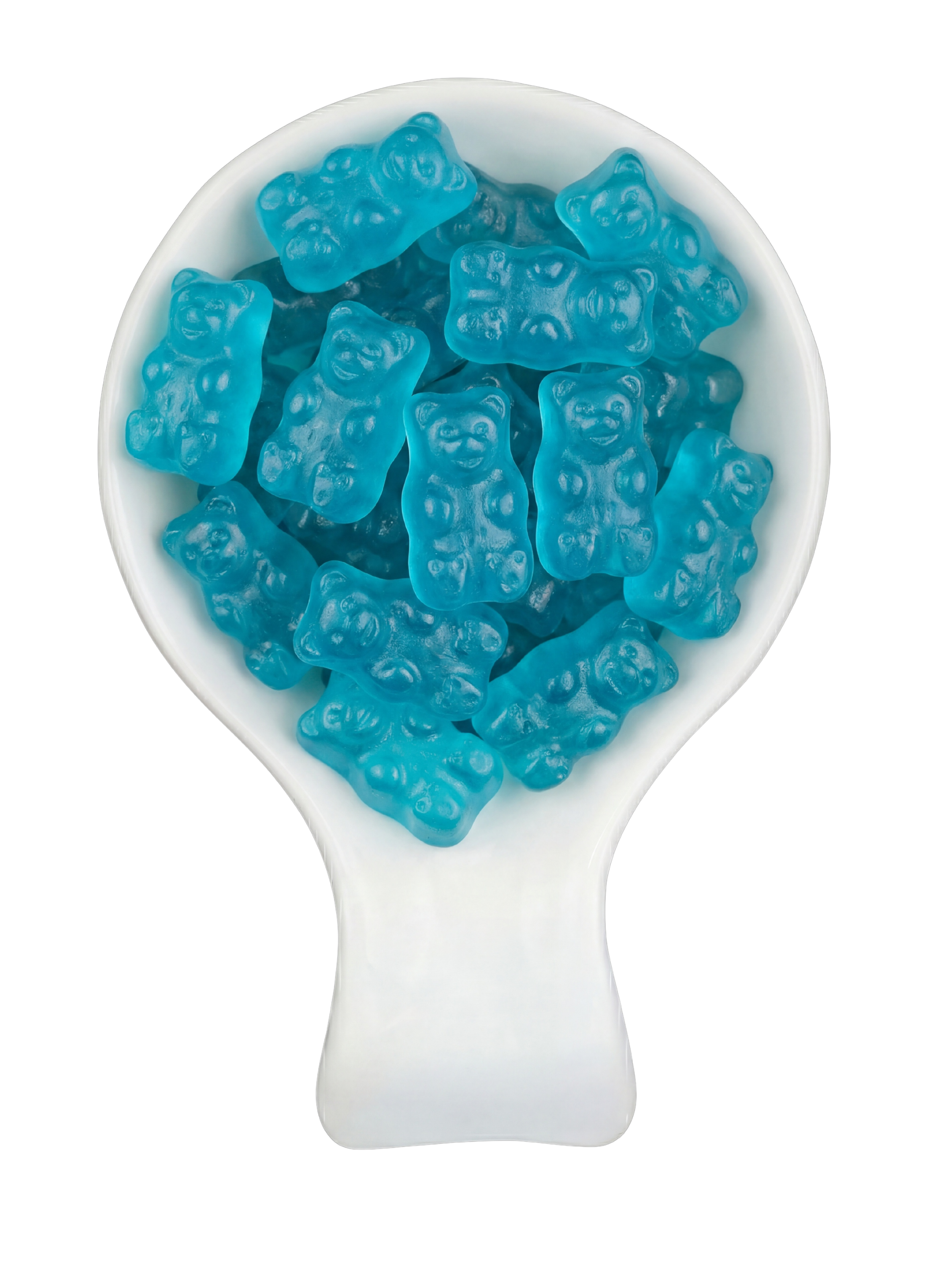 Close-up of blue gummy bear candies in a white bowl on a black background.