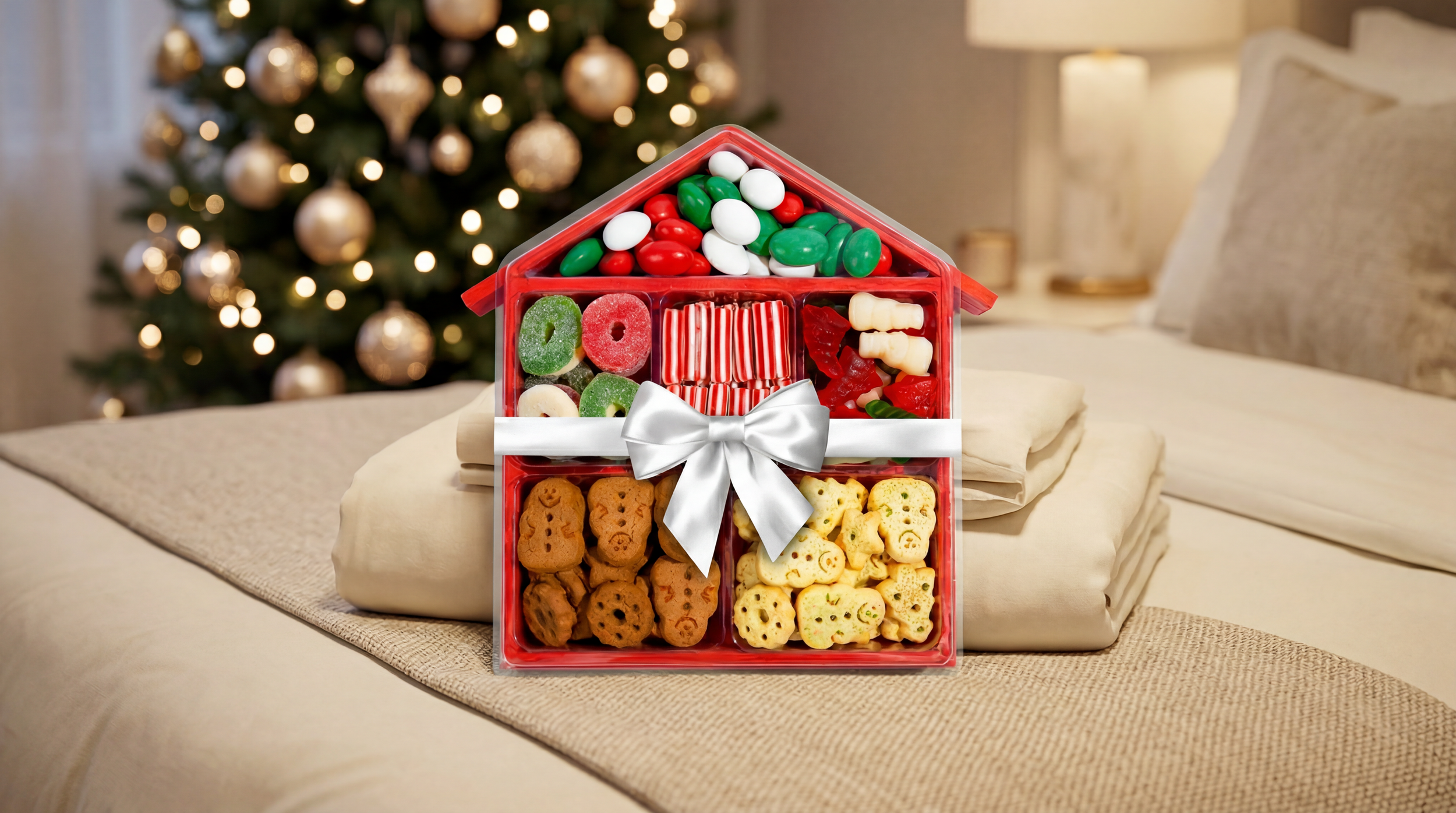 A assorted candy house in a Christmas setting.
