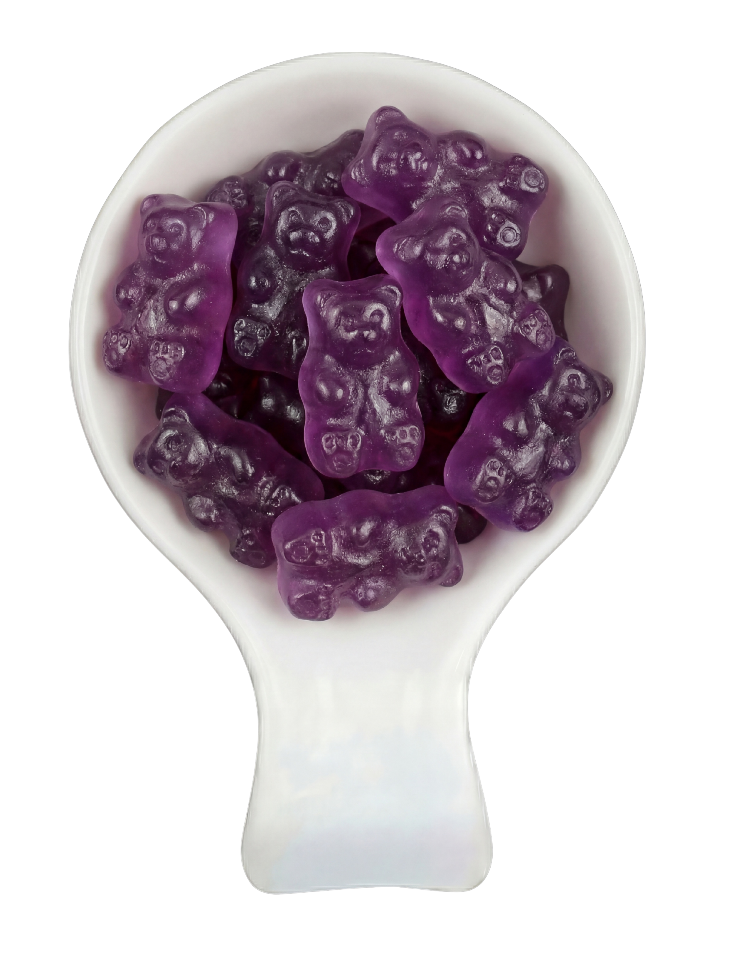 Purple gummy bears in a white spoon with a black background.