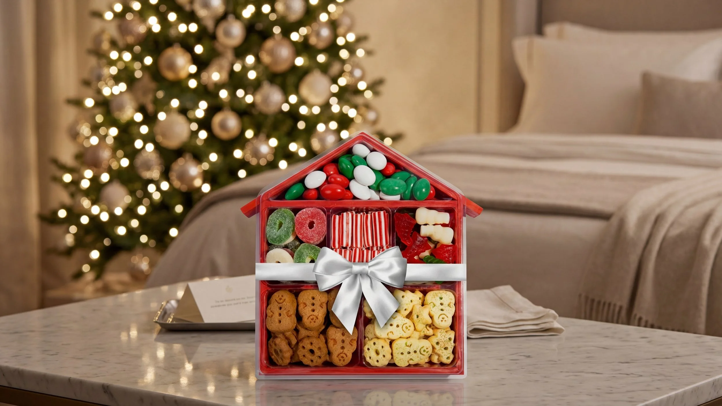 A assorted candy house in a Christmas setting.