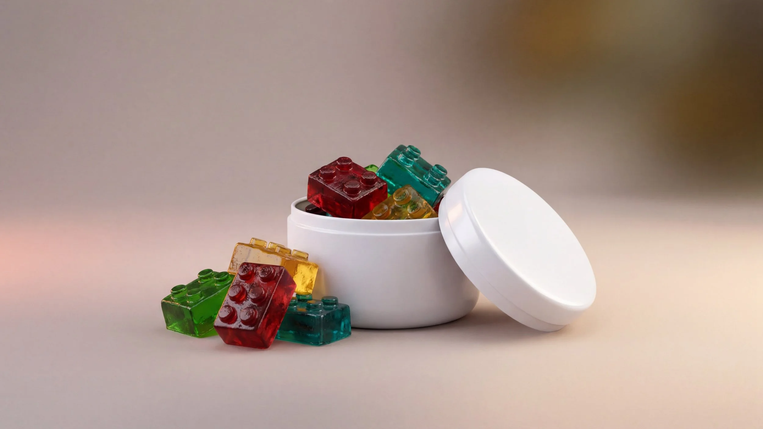 A white round container with a lid slightly open, spilling colorful translucent toy building blocks onto a neutral surface.