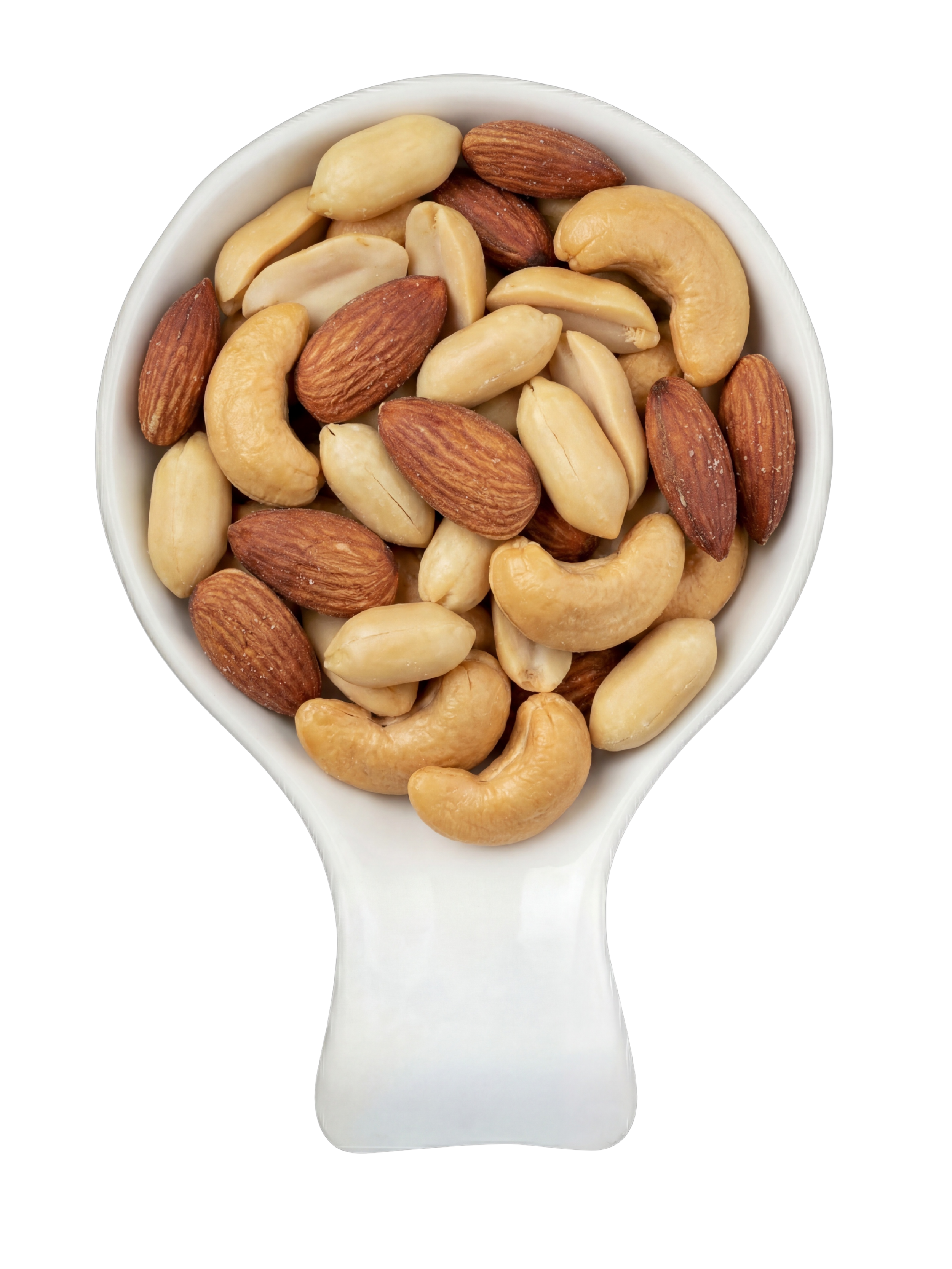 A white ceramic spoon filled with mixed nuts including almonds, cashews, and macadamia nuts, against a black background.