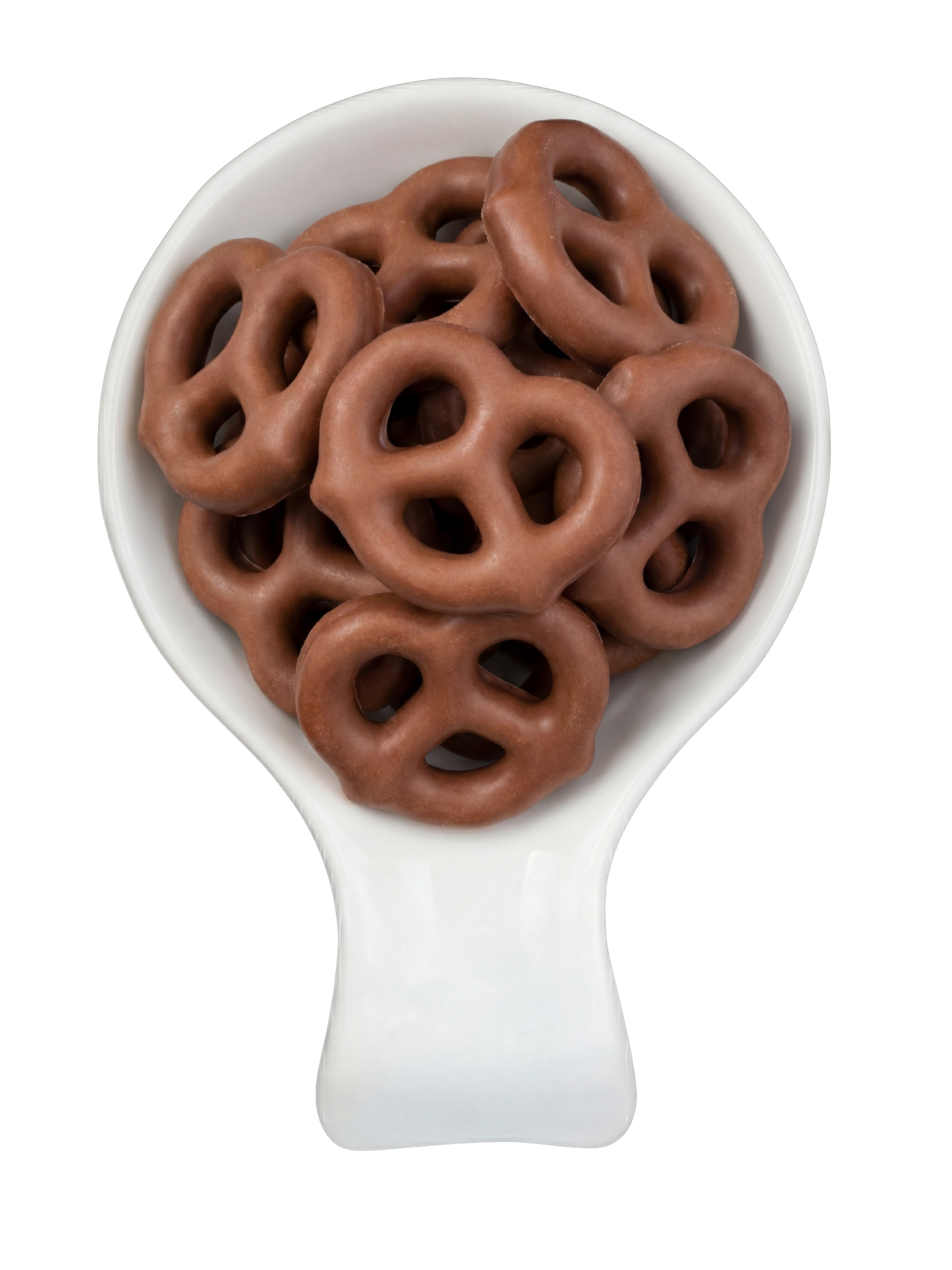 A white spoon filled with chocolate-glazed pretzels on a black background.