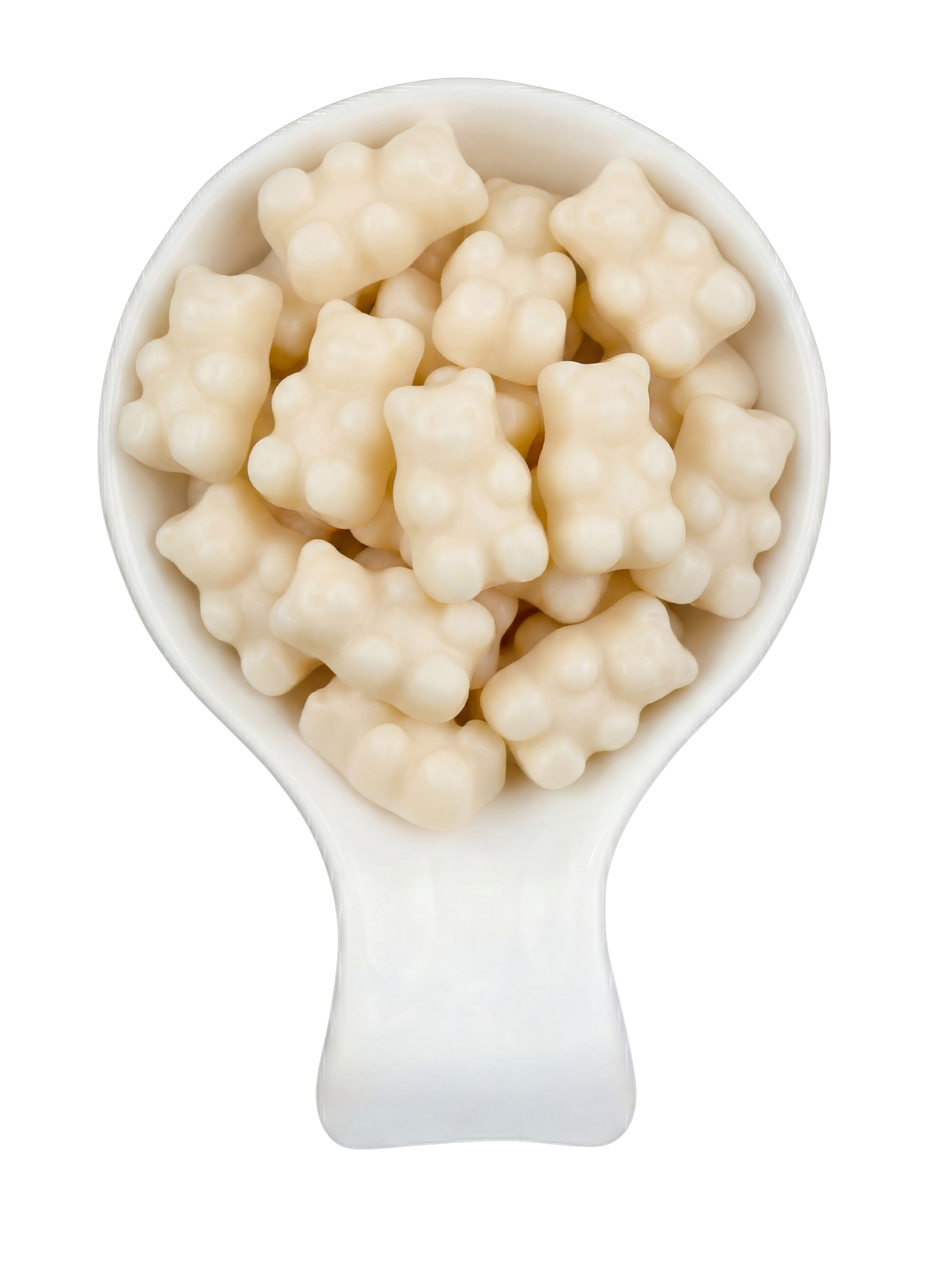 Close-up of a white plastic spoon filled with white gummy bears