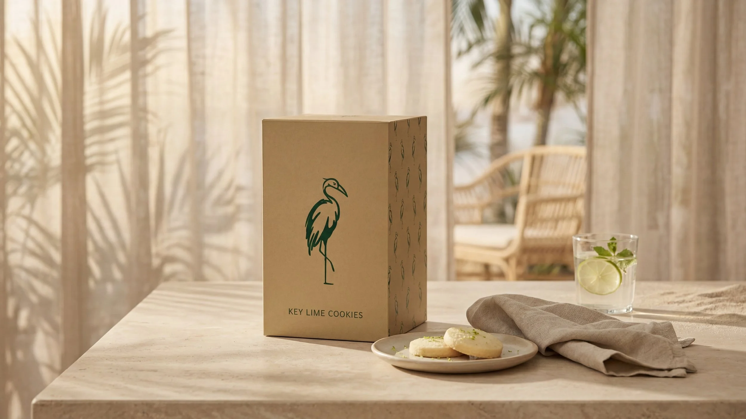 A box of Key Lime Cookies, a glass of lime and mint water, and a plate with cookies on a light-colored table in a bright, airy room with sheer curtains and bamboo furniture.