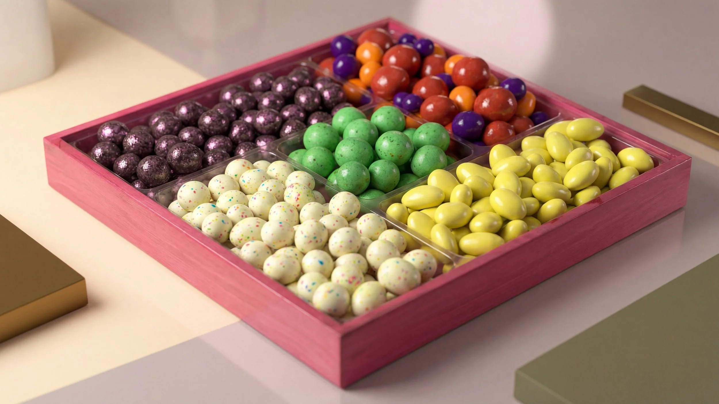 A pink tray filled with different types of colorful candies arranged in sections.