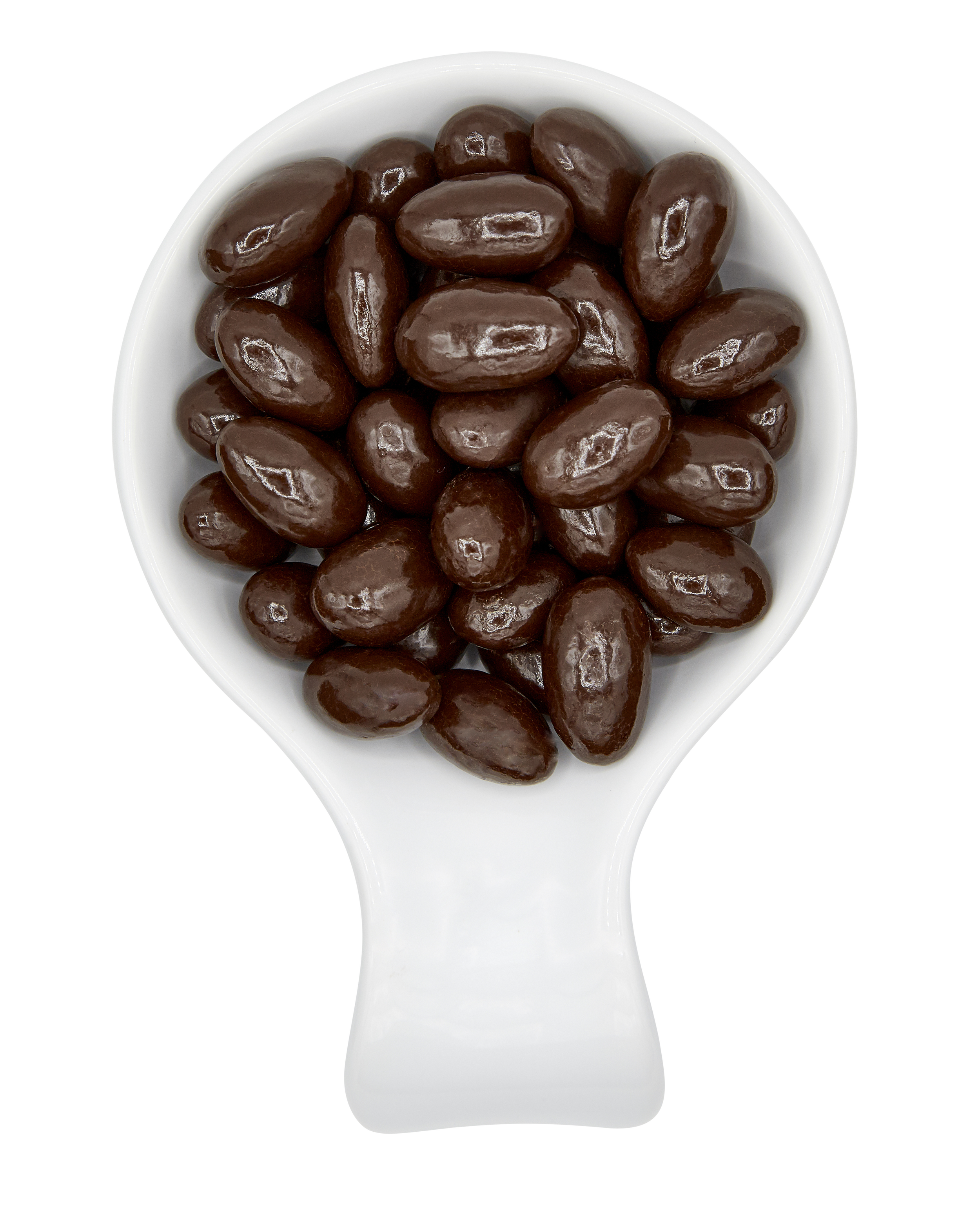 Chocolate-covered almonds in a white plastic scoop with a black background.