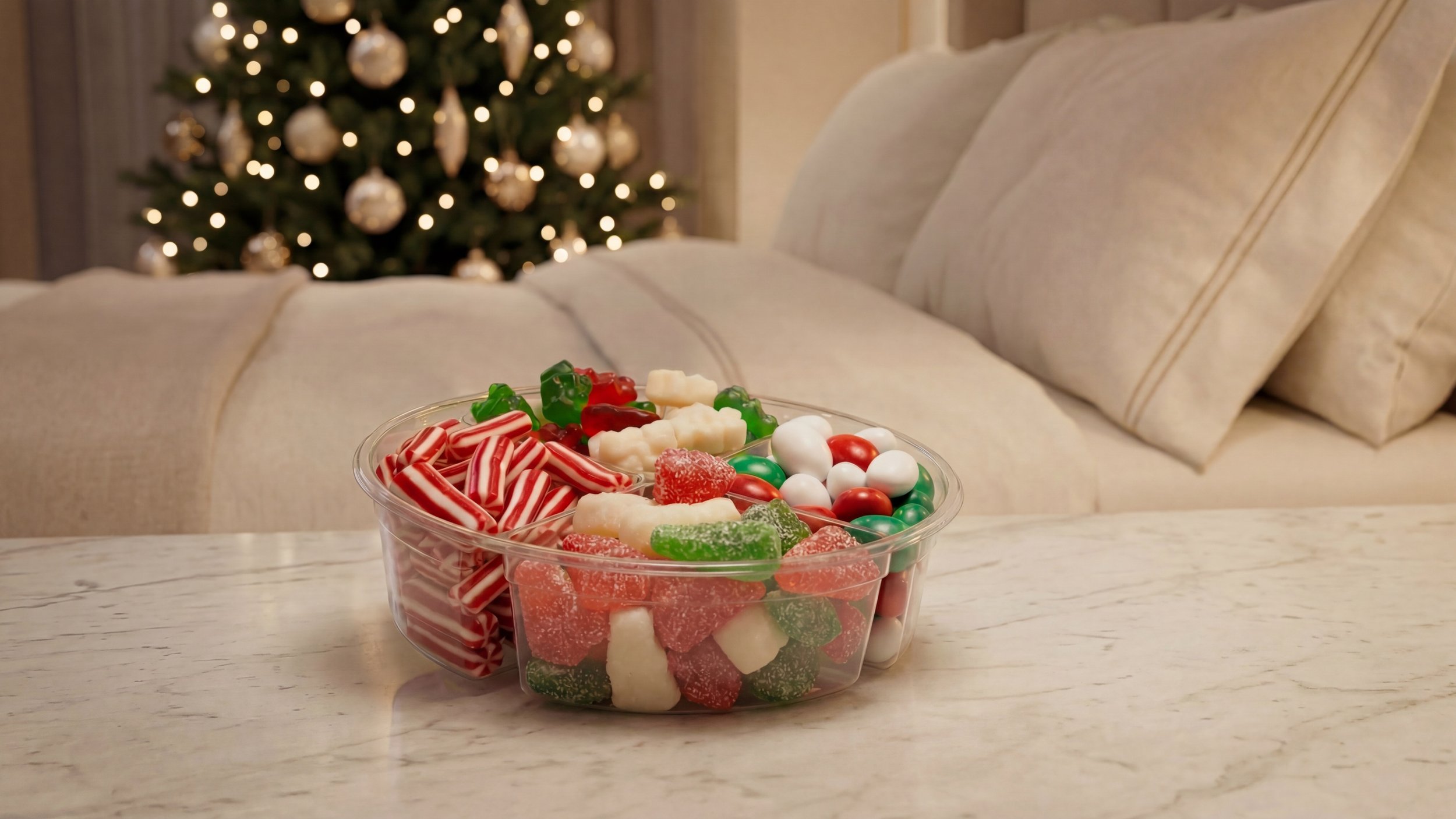 A assorted candy tray in a Christmas setting.