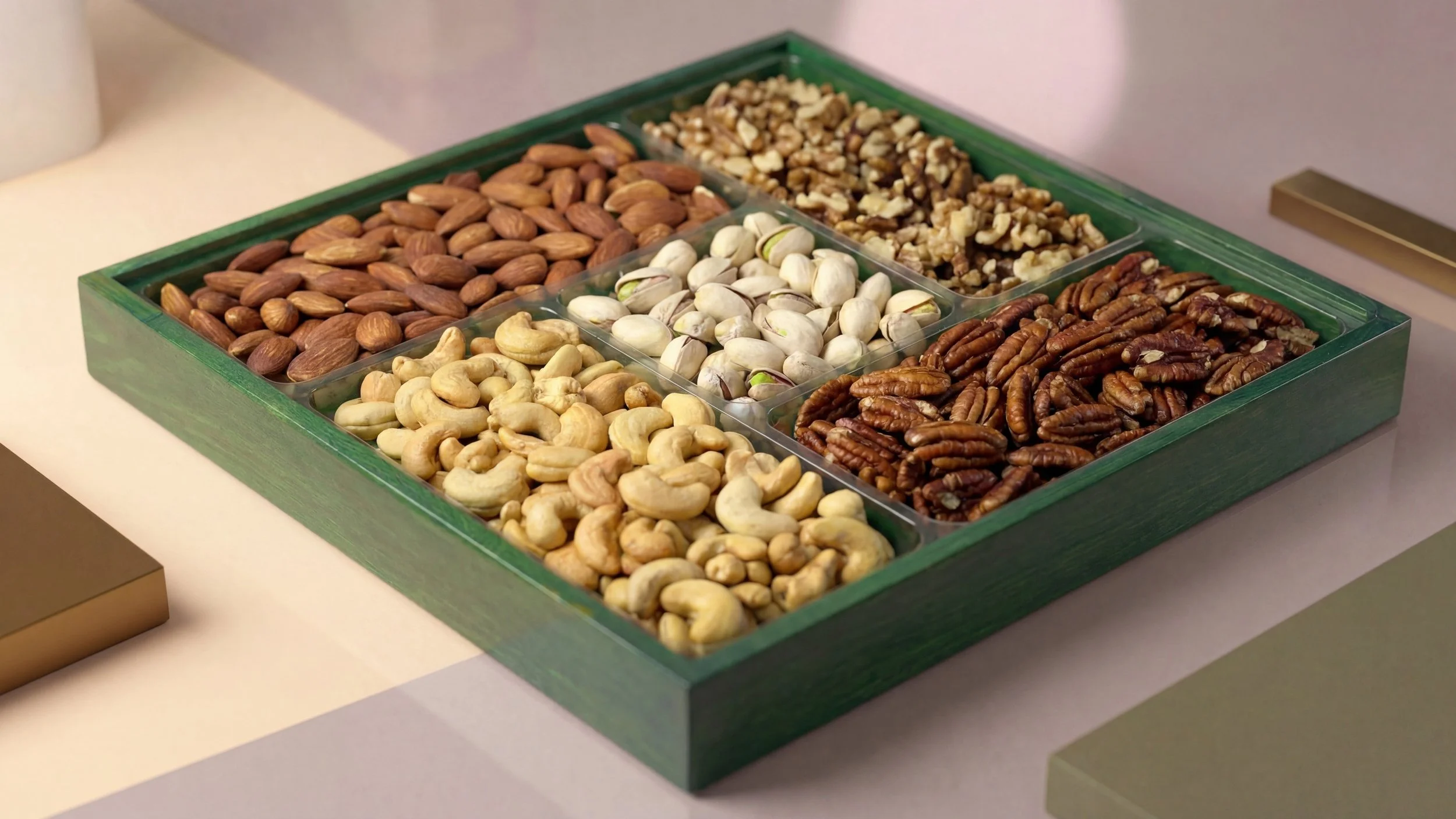 A green rectangular box with six compartments containing various nuts, including almonds, walnuts, pistachios, cashews, and pecans, on a beige surface.