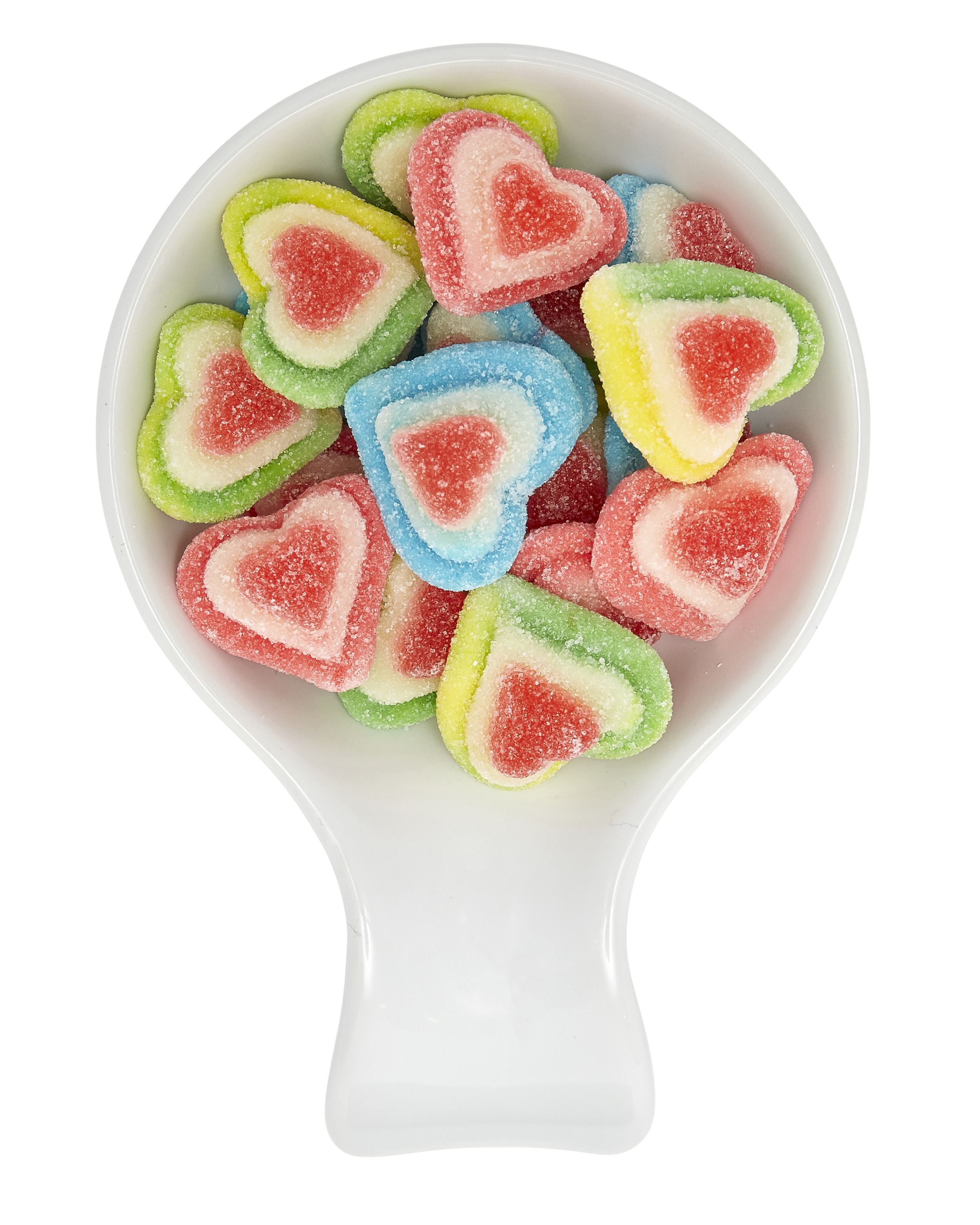 Colorful heart-shaped gummy candies coated in sugar in a white scoop.