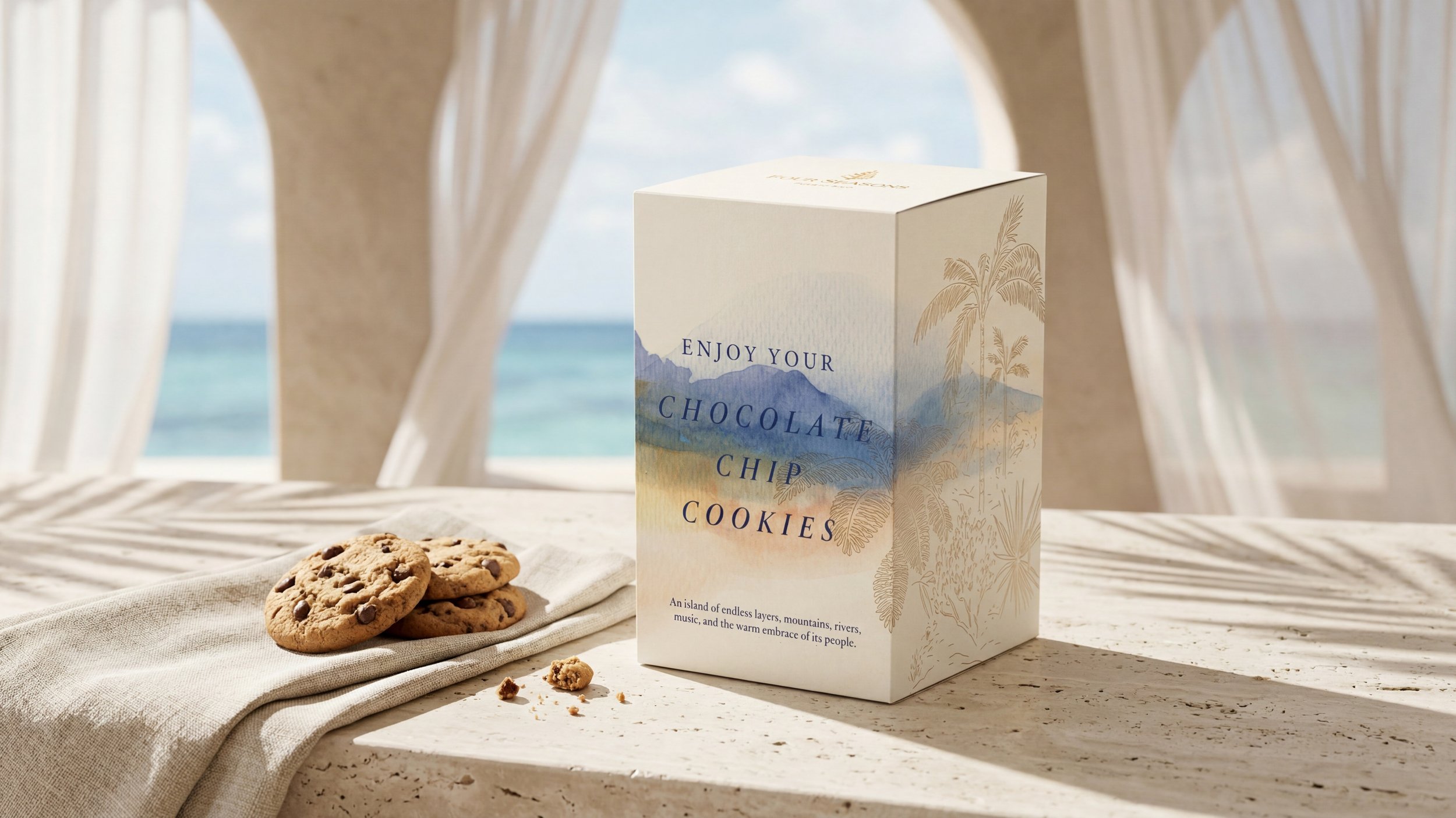 A box of chocolates and cookies on a table near the beach, with a view of the ocean and sky through a window with curtains.