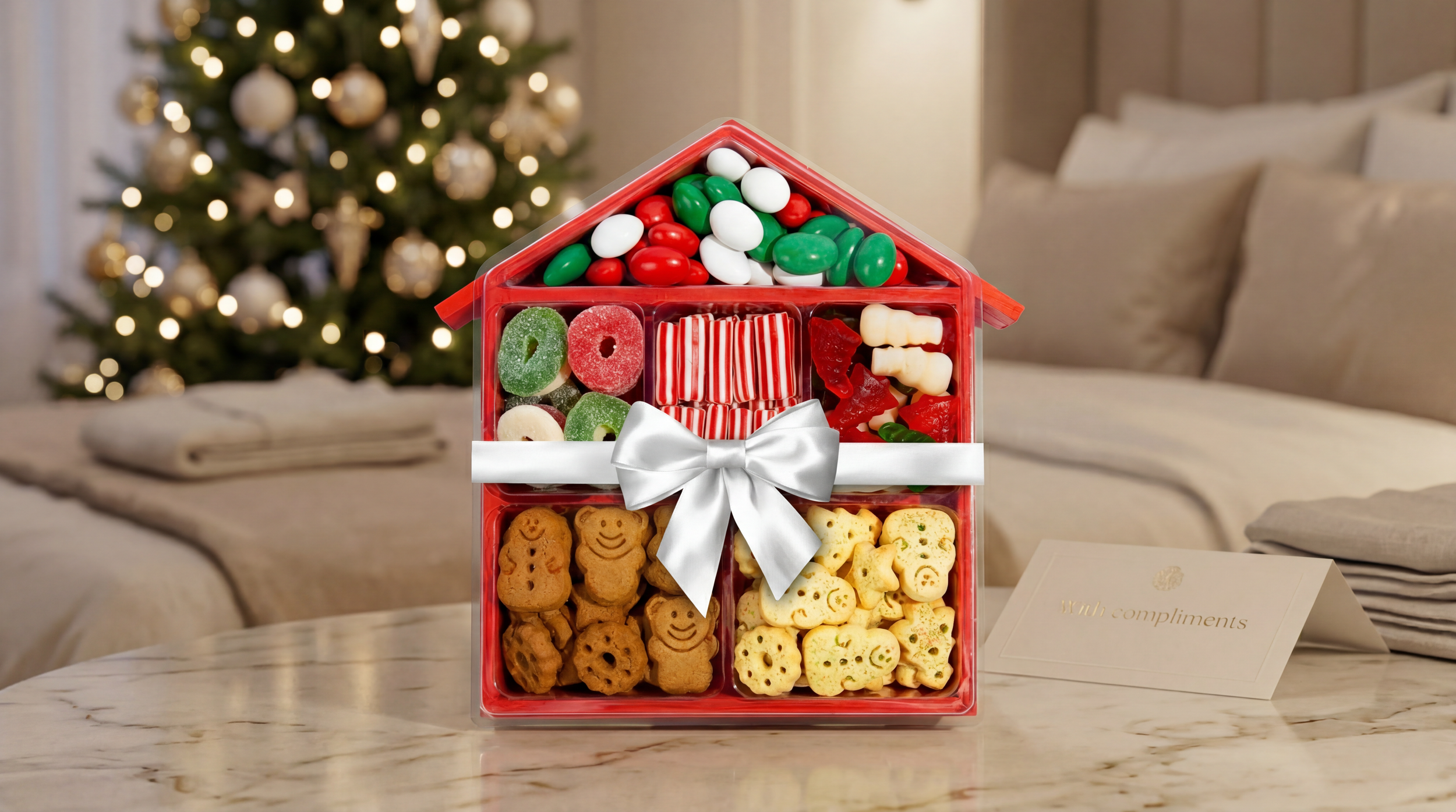 A assorted candy house in a Christmas setting.