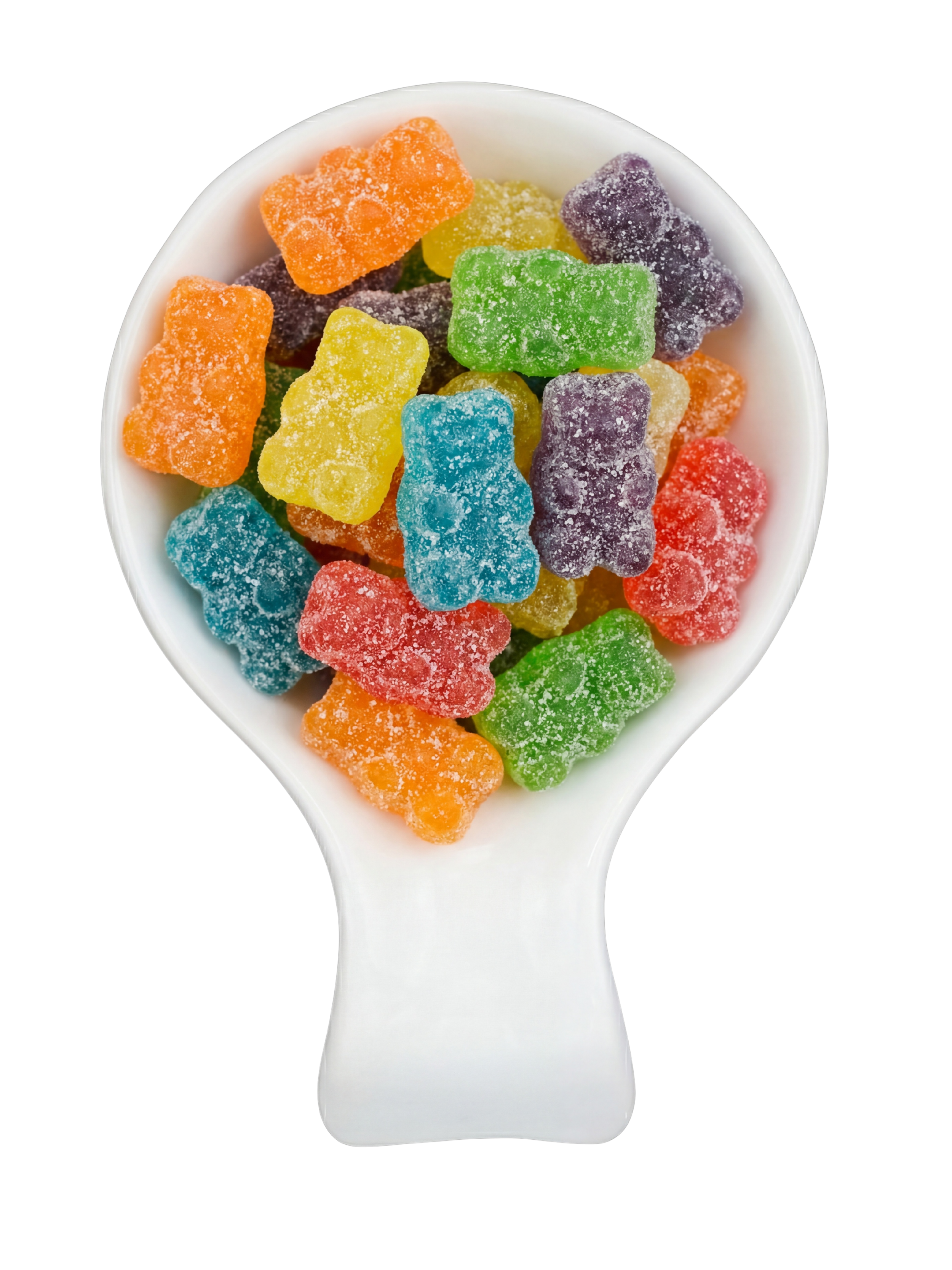 A close-up of a white spoon filled with colorful, sugar-coated gummy bears in various colors including orange, purple, green, yellow, blue, and red, set against a black background.
