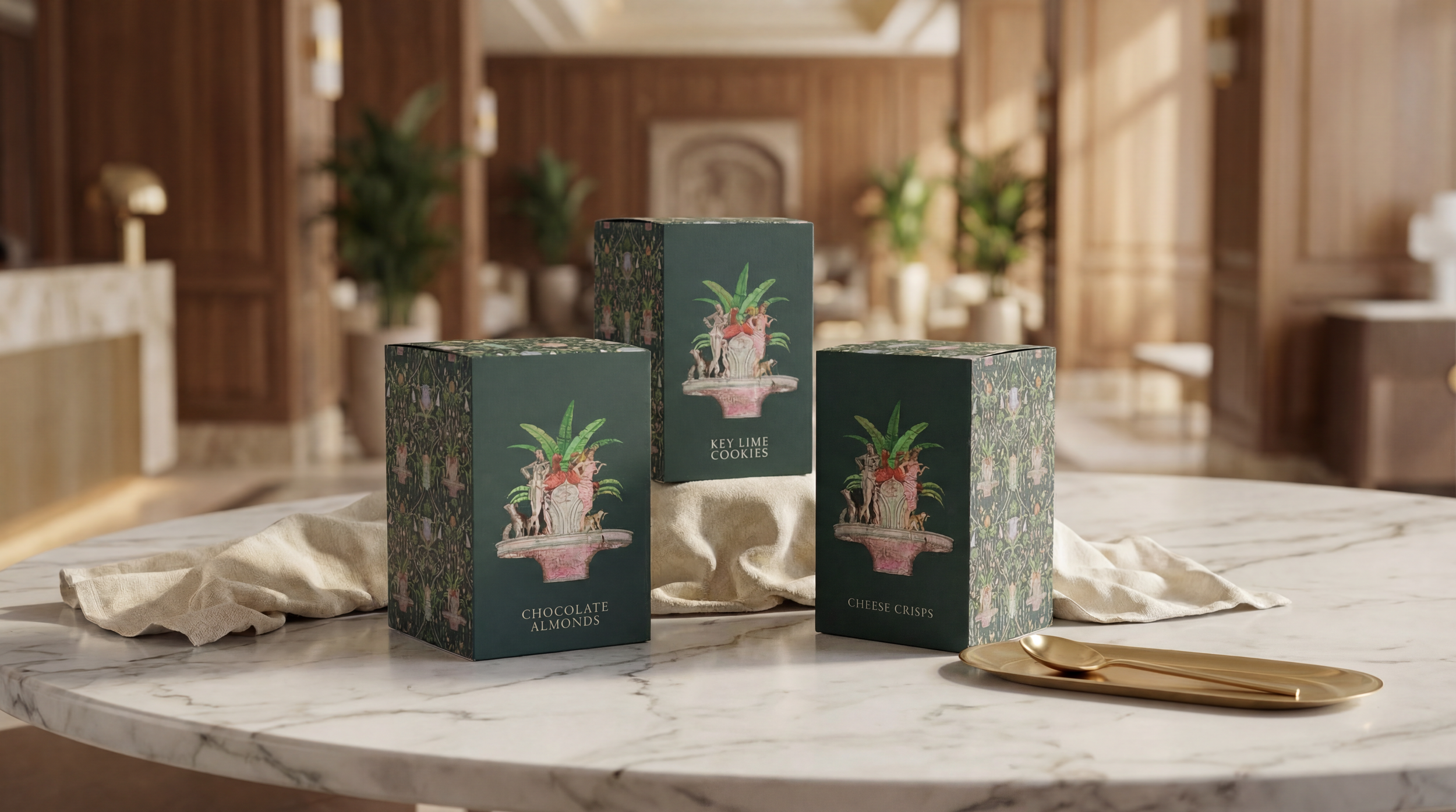 Three boxes of flavored cookies and snacks on a marble table with a gold tray and spoon, in a room with wooden walls and potted plants.