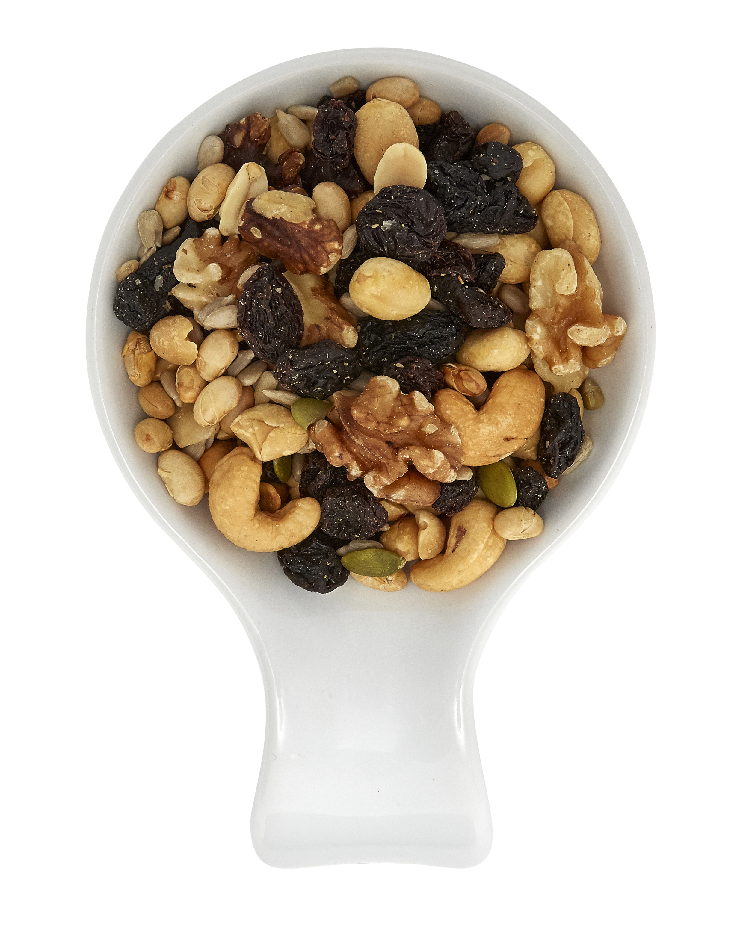 A white scoop filled with mixed nuts and dried fruits, including cashews, walnuts, raisins, and sunflower seeds.