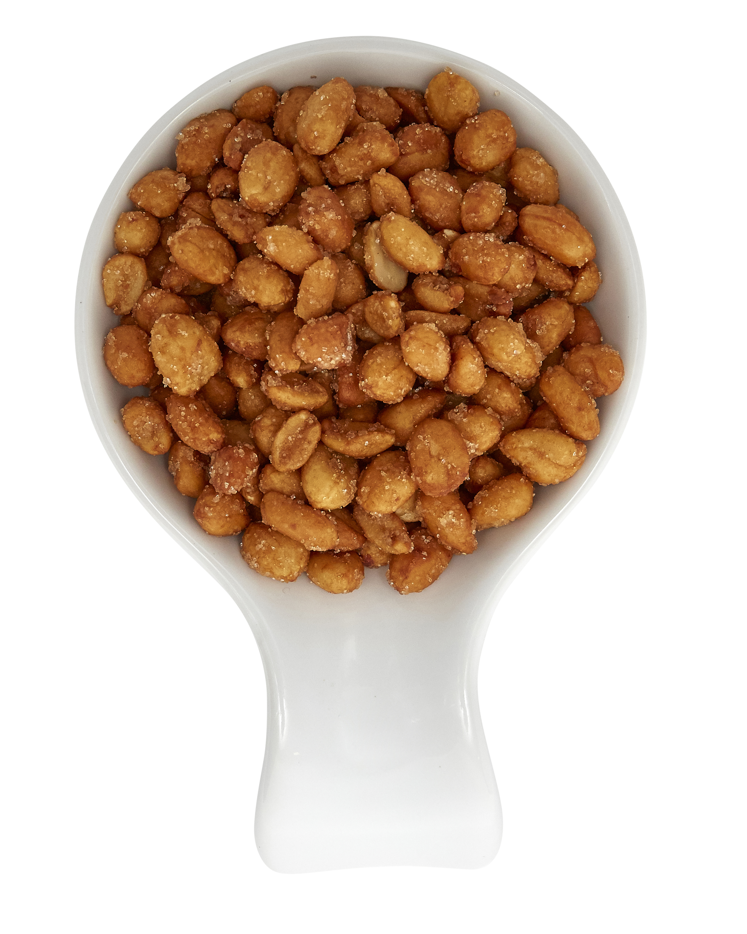 Close-up of a white scoop filled with salted roasted peanuts.