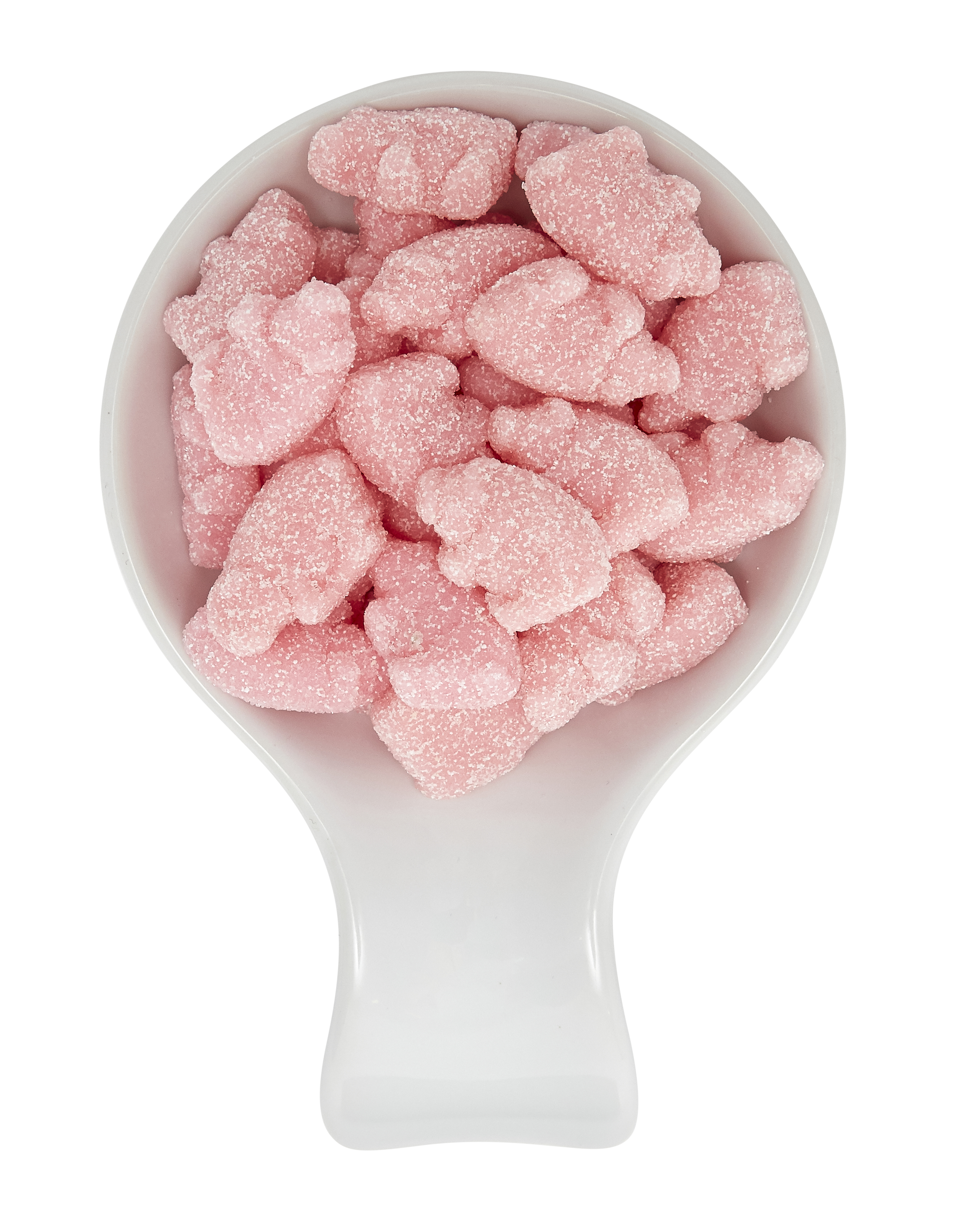 Pink gummy candies coated in sugar in a white bowl.