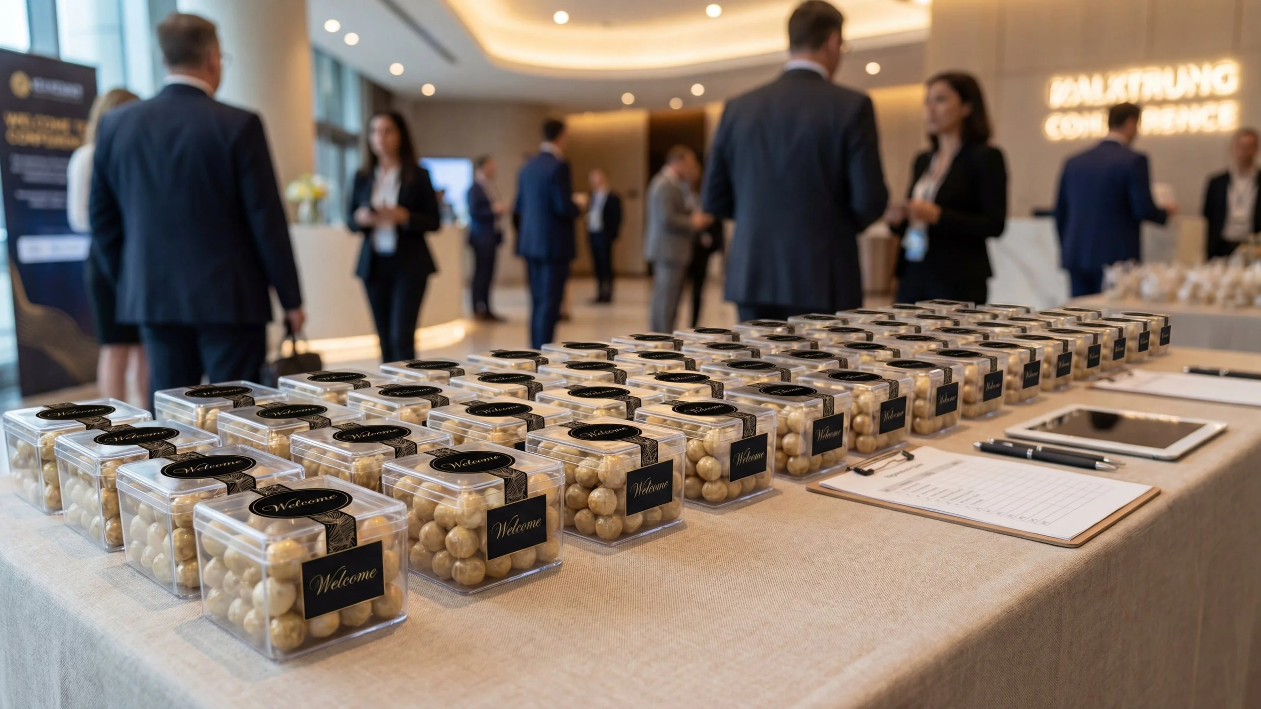 Table with small containers of white candy and a clipboard at a professional event with people in business attire networking indoors.