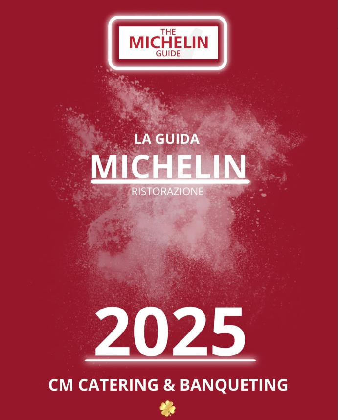 Copertina della Guida Michelin 2025 per la ristorazione, con sfondo rosso e testo in bianco, include il logo della Michelin e la scritta 'CM Catering & Banqueting'.