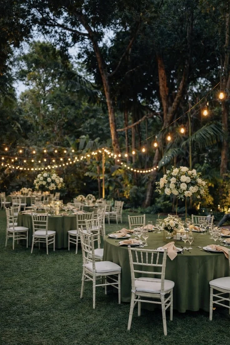 Una scena di un matrimonio o evento all'aperto con tavoli decorati con fiori bianchi, tovaglie verdi e luci sospese tra gli alberi in un bosco.