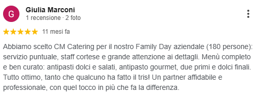 Recensione positiva di Giulia Marconi su un servizio di catering per un evento aziendale con 180 persone a marzo 2024