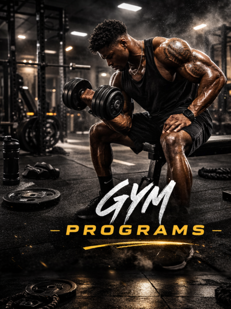 A muscular man sitting on a workout bench lifting a barbell with dumbbells, covered in sweat in a gym with weights and equipment in the background.