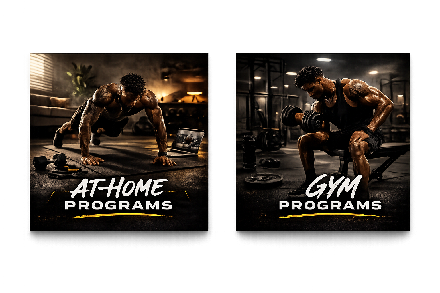 Two fitness program covers showing muscular men working out; left cover labeled 'At-Home Programs' with a man doing push-ups in a cozy room, right cover labeled 'Gym Programs' with a man lifting dumbbells in a gym setting.