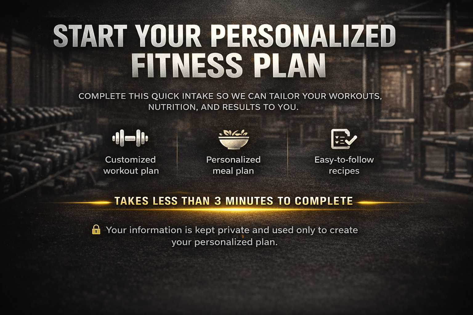 A digital advertisement for starting a personalized fitness plan with icons for workout, meal, and recipes, emphasizing quick completion time of less than three minutes.