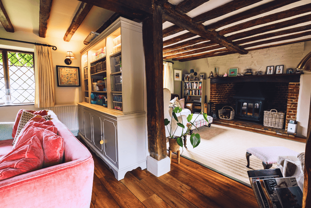 Fireplace and rustic interiors at High Birch.