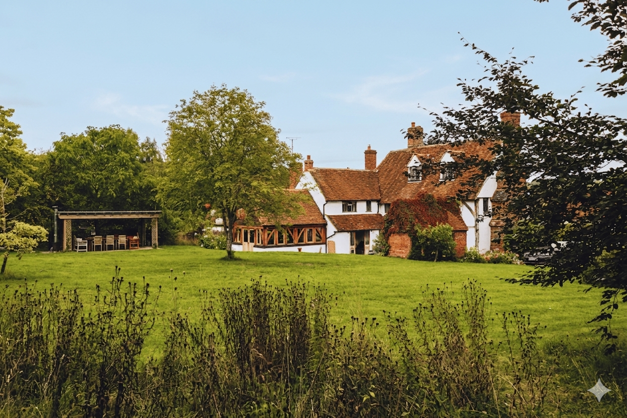 Historic countryside house at High Birch in the Kent countryside surrounded by gardens and open lawns.