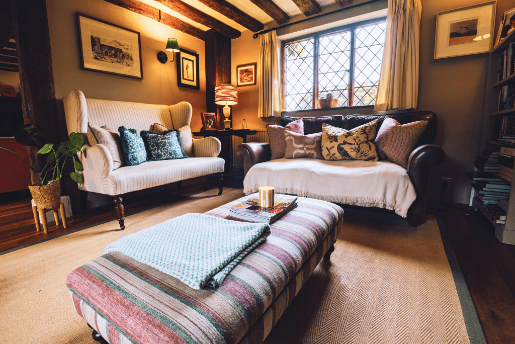 Cosy countryside living room with rustic interiors.