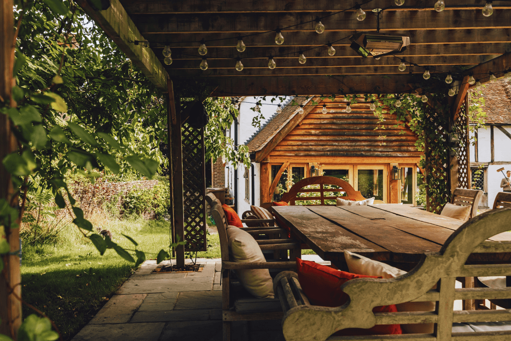 Countryside pergola and outdoor seating at High Birch.