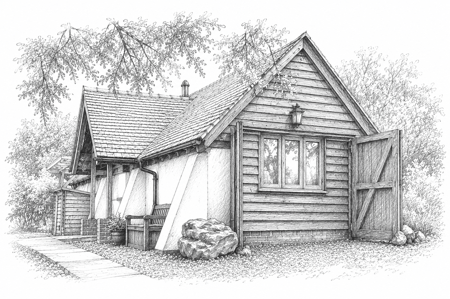 Hand-drawn illustration of The Snuggery at High Birch, a woodland retreat in the Kent Downs.
