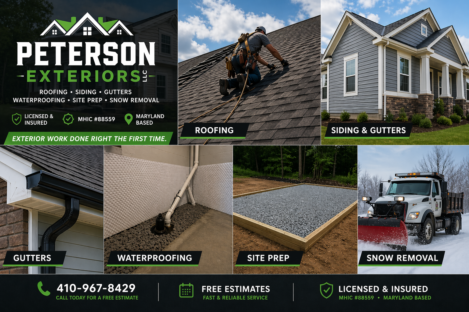 Advertisement for Peterson Exteriors, a Maryland-based home exterior contractor. The images show roofing, siding and gutters, waterproofing, site preparation, and snow removal services, with contact information and emphasis on quality work.