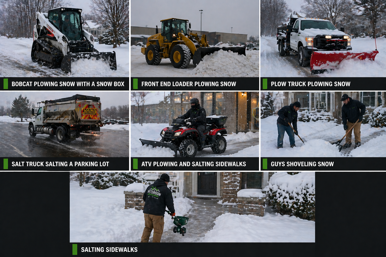 Collage of six images showing different snow removal methods. The first image shows a Bobcat with a snow plow attached, clearing snow. The second image has a yellow front-end loader pushing snow. The third image features a pickup truck with a snow plow removing snow. The fourth image shows a salt truck salting a parking lot. The fifth image depicts an ATV plowing and salting a sidewalk, with two men shoveling snow nearby. The sixth image shows a person salting a sidewalk.