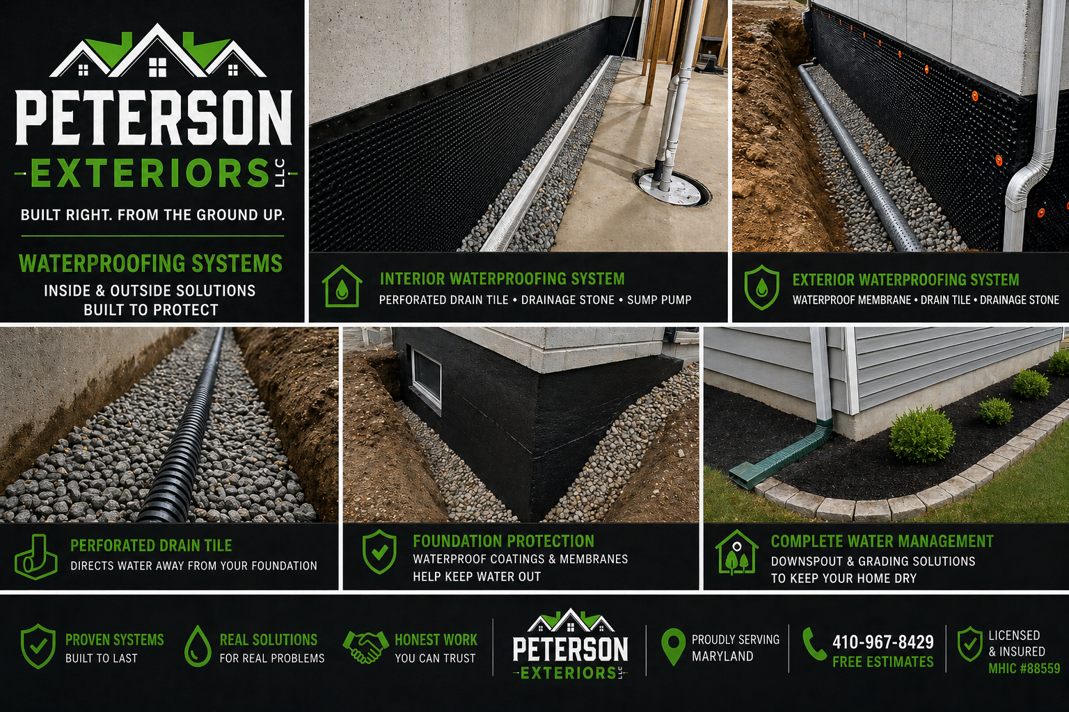Advertisement for Peterson Exteriors promoting waterproofing systems with images of foundation protection, waterproof membranes, drain tiles, drainage stone, sump pump installation, and finished water management solutions.