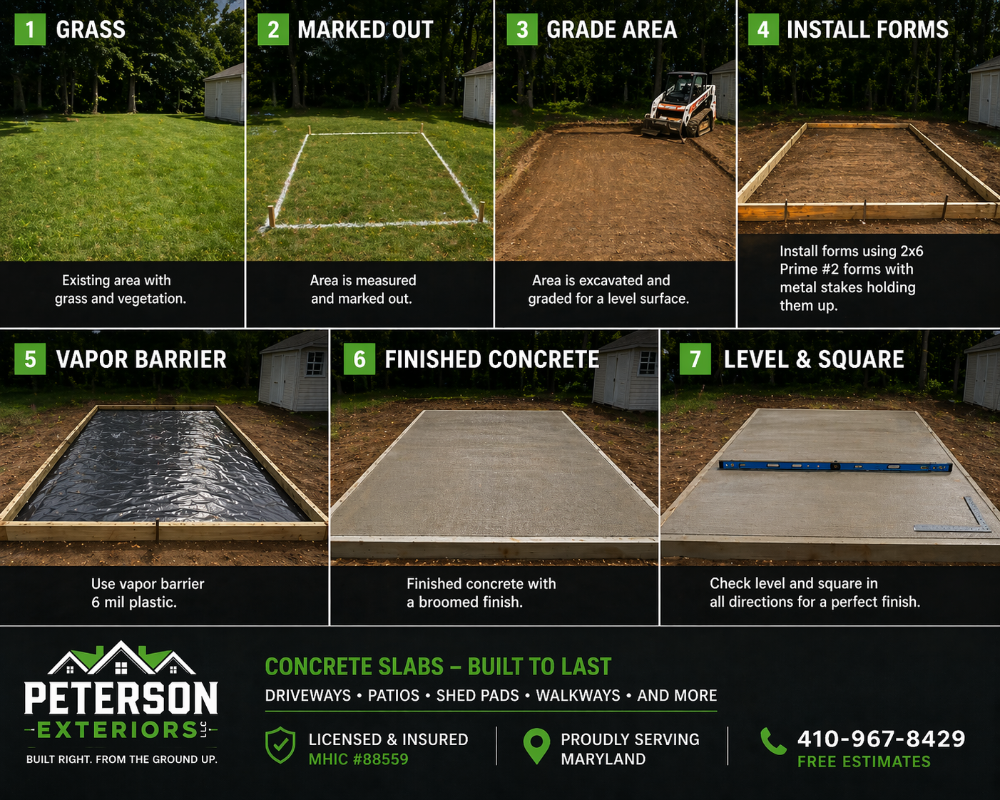 Steps for installing a concrete slab: 1) Existing area with grass and vegetation; 2) Area marked out with white spray paint; 3) Area excavated and graded; 4) Forms installed using 2x6 Prime #2 with metal stakes; 5) Vapor barrier installed with 6 mil plastic; 6) Finished concrete slab with a broomed finish; 7) Checking level and square with a level tool for smooth, level surface.