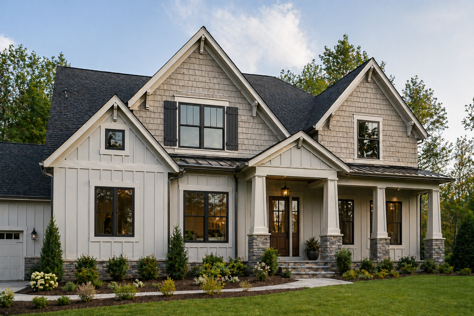 A modern two-story house with white siding, gray shingles, and black window frames, surrounded by a well-maintained garden and lawn.