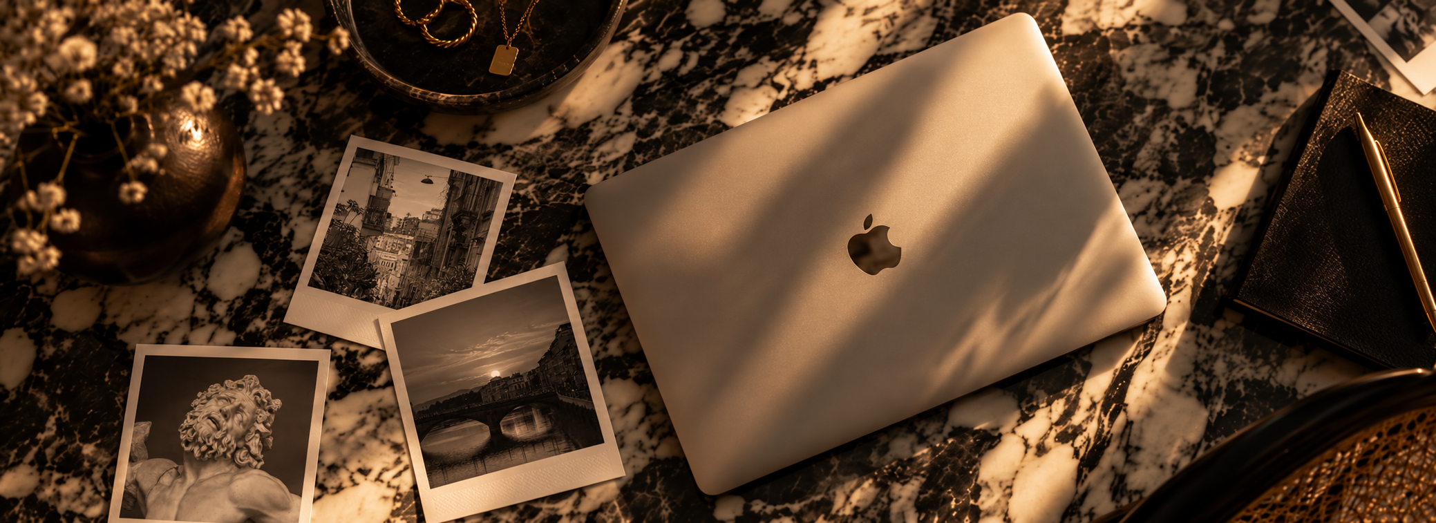 A marble tabletop with a closed silver MacBook, a black and gold pen, Polaroid photos, a black tray holding a gold necklace and a dog tag, a bronze vase with white flowers, and a black textured object, possibly a speaker or a box.