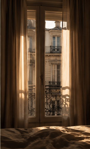 Sunlight streaming through a window with curtains, revealing a view of neighboring buildings and balconies outside.