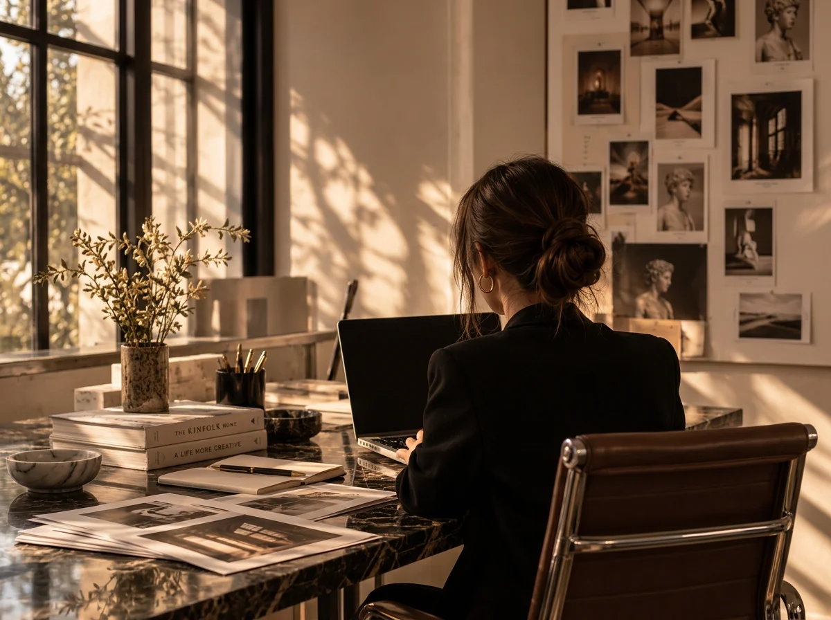 Woman sitting at a desk in a sunlit office, working on a laptop, with books, papers, and a plant on the desk, and photographs on the wall.