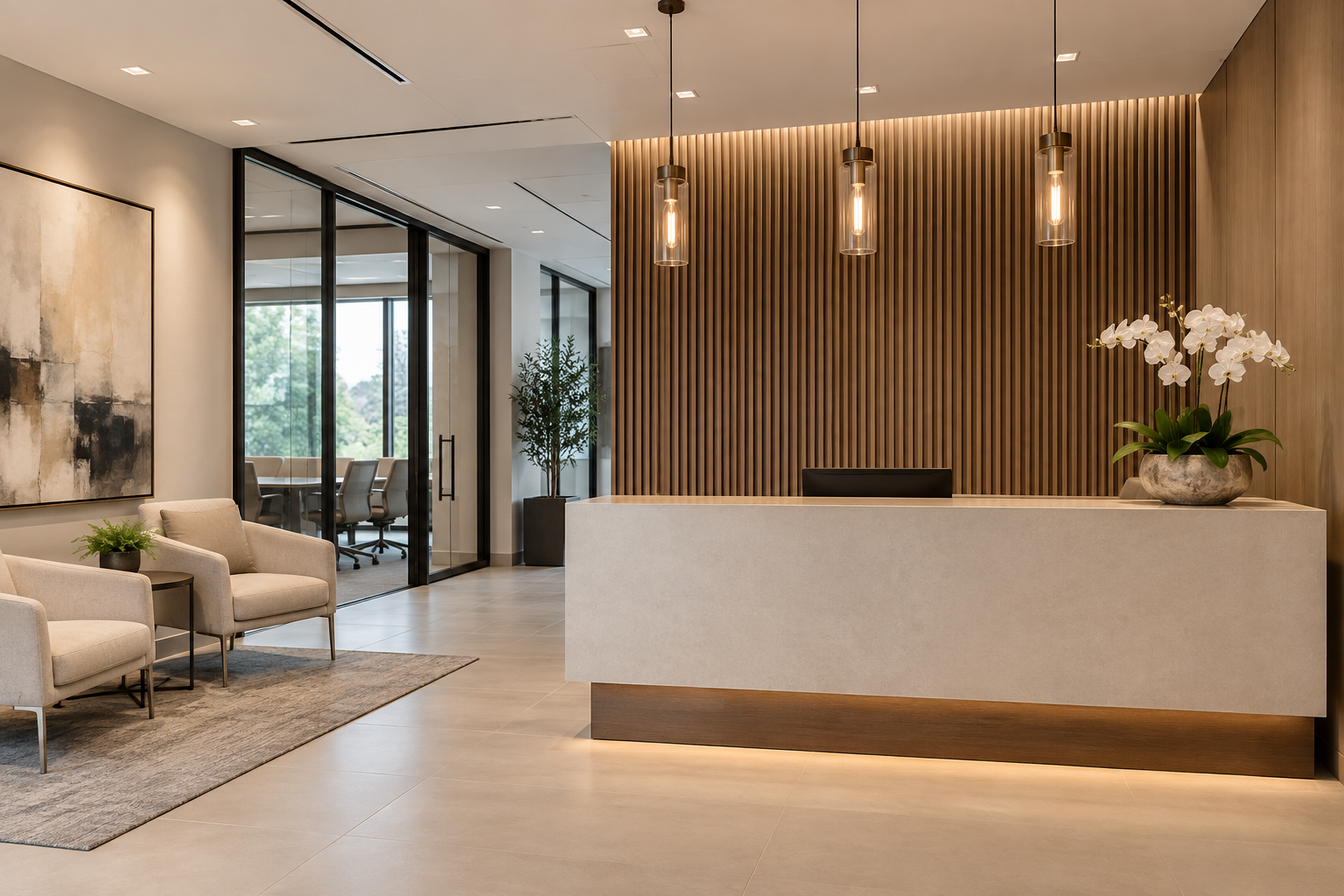 Modern office reception area with beige seating, a white reception desk with a potted orchid, wooden wall paneling, hanging pendant lights, and glass walls with conference rooms outside.