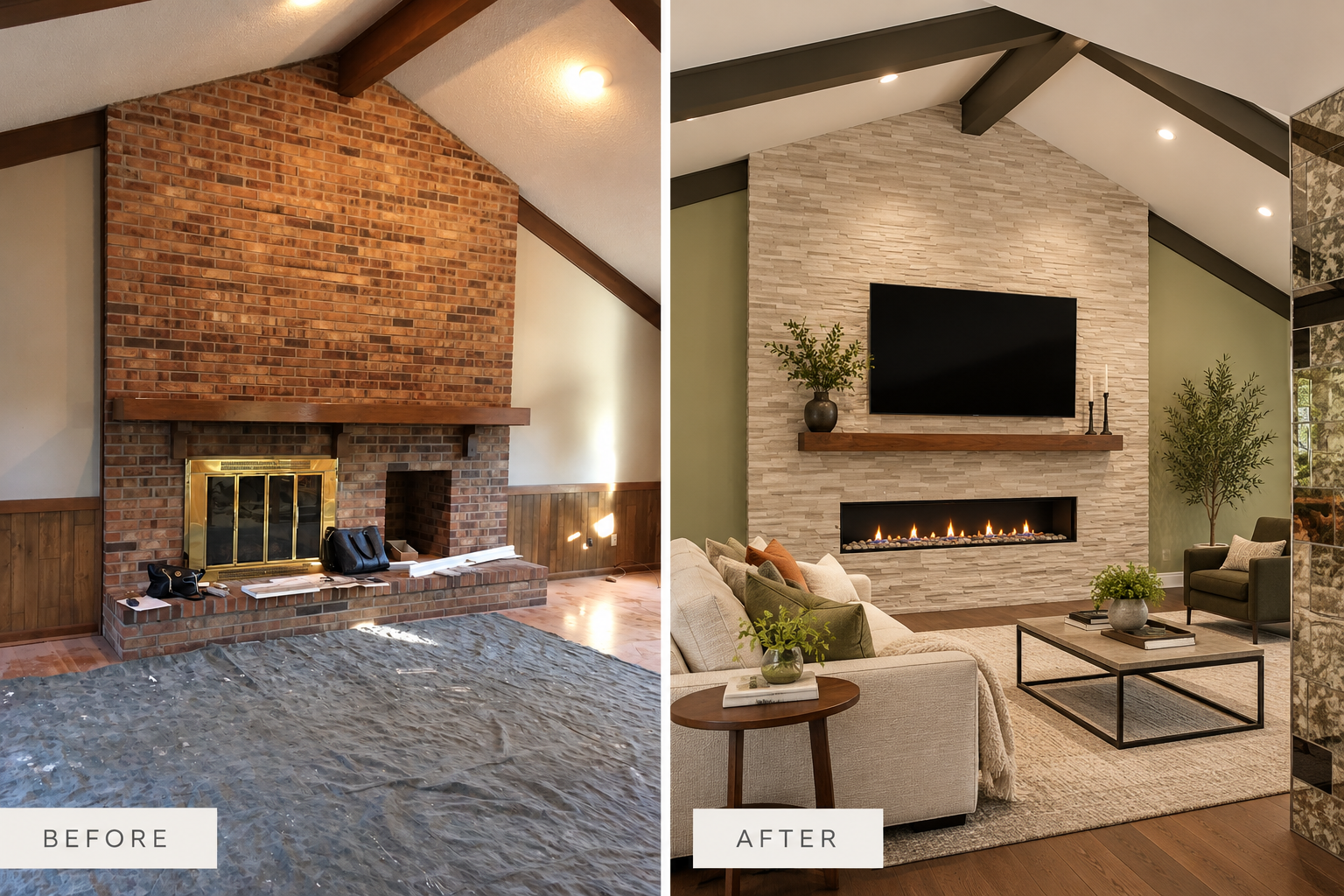 Side-by-side comparison of a living room before and after renovation. The 'before' shows a brick fireplace with a wooden mantel and a rustic, unfinished look. The 'after' displays a modern living room with a sleek, stone fireplace, a mounted TV, plush seating, and contemporary decor.
